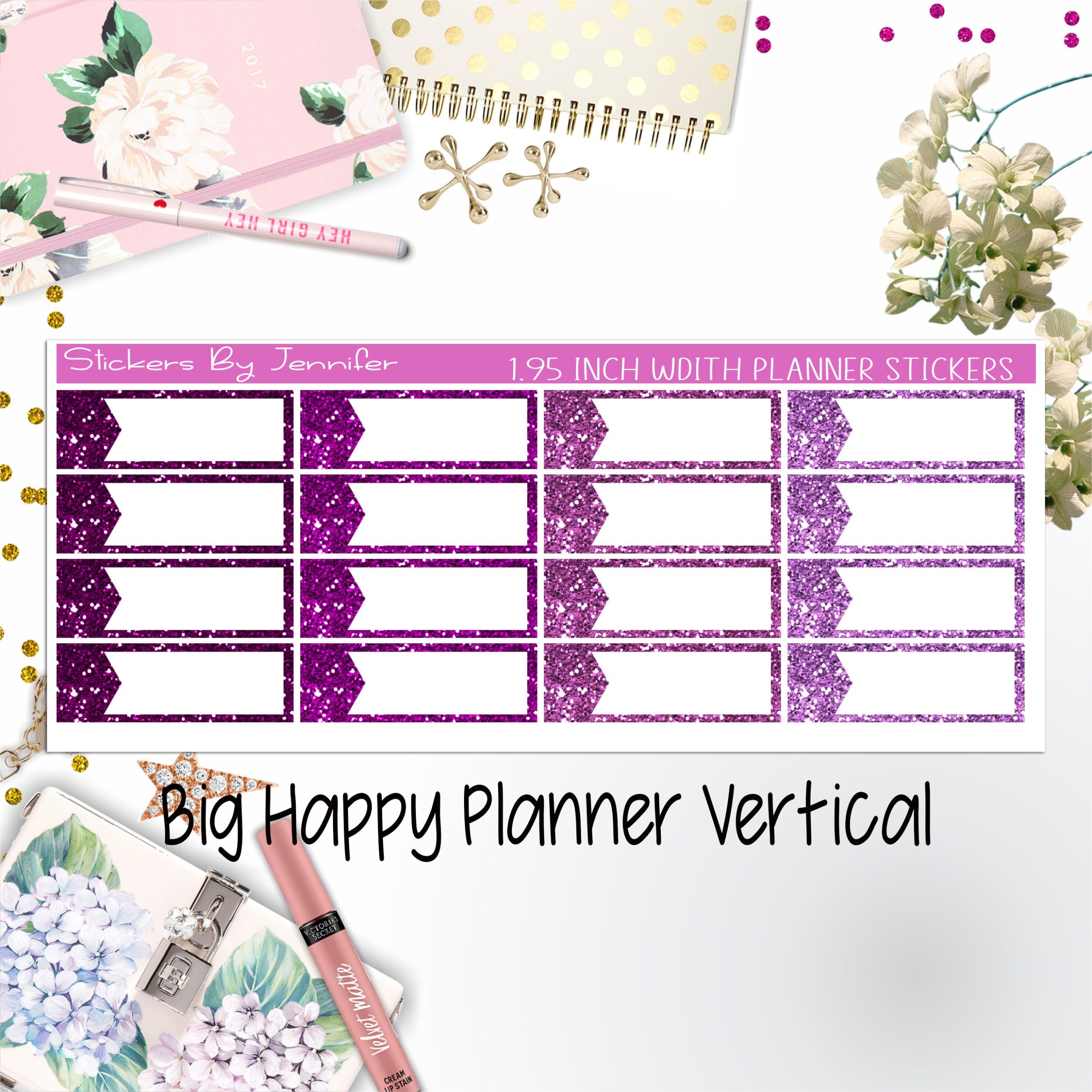 Glitter Labels 1.95 inch Width Quarter Boxes 068 for Big Happy Planner Vertical Planner Stickers