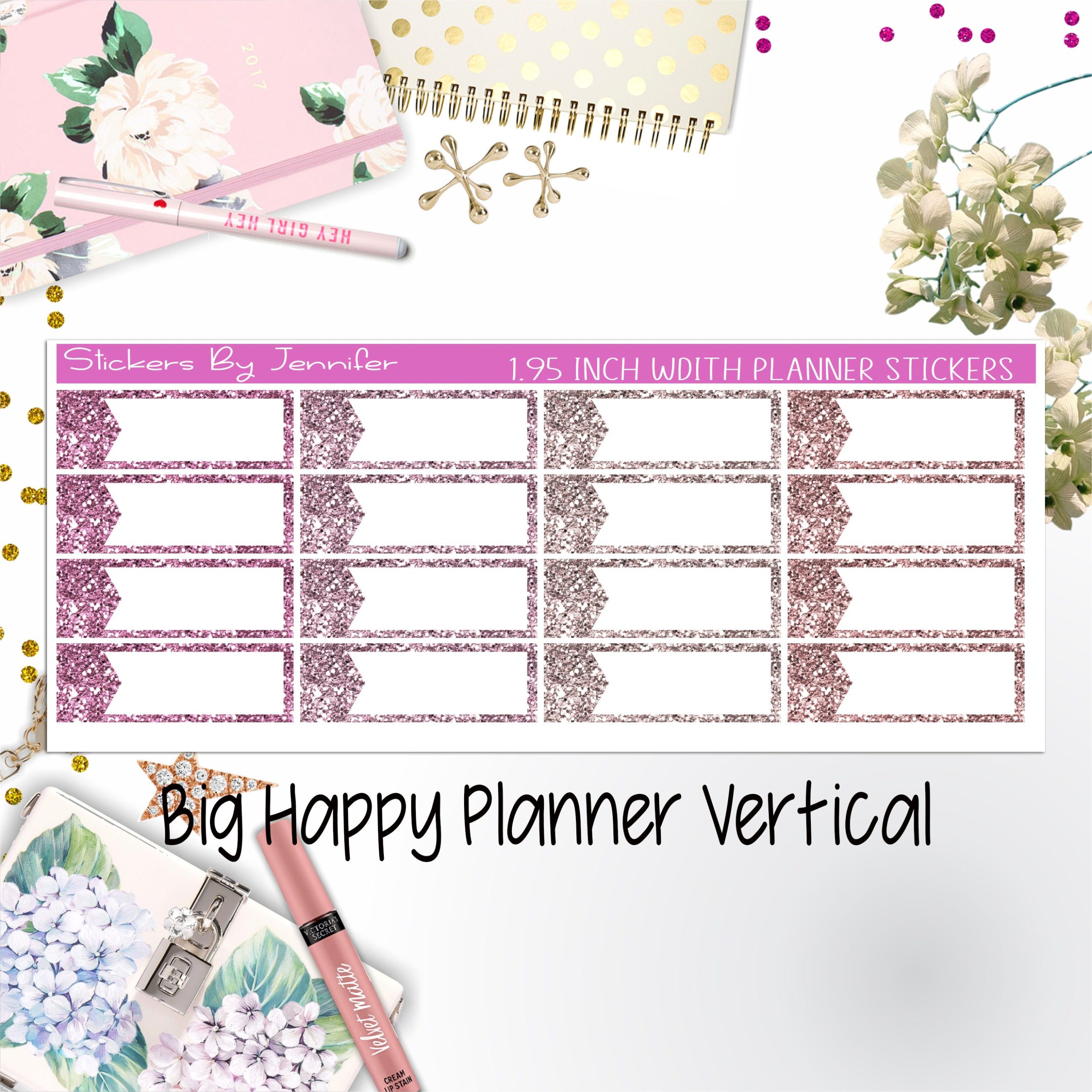 Glitter Labels 1.95 inch Width Quarter Boxes 070 for Big Happy Planner Vertical Planner Stickers