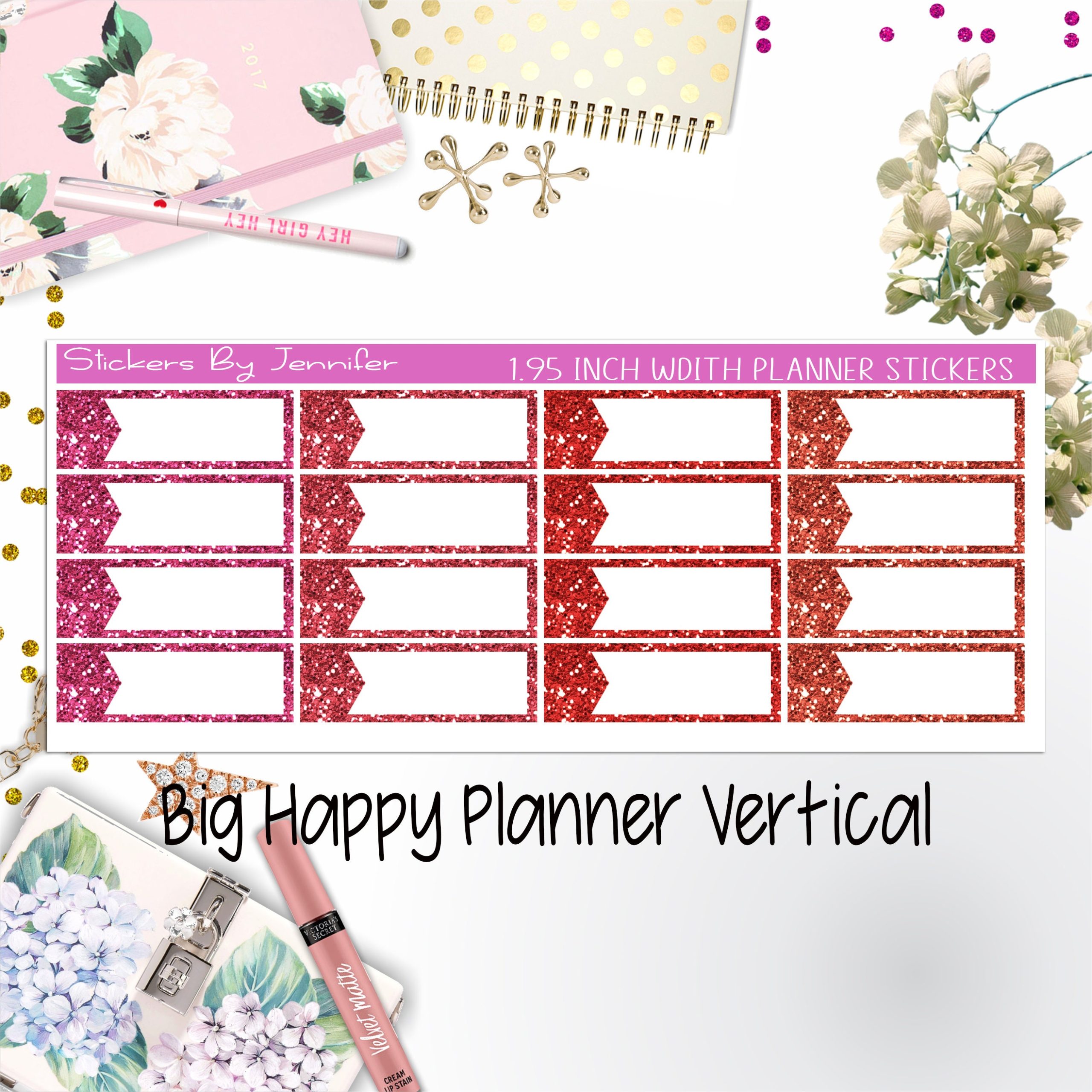 Glitter Labels 1.95 inch Width Quarter Boxes 071 for Big Happy Planner Vertical Planner Stickers
