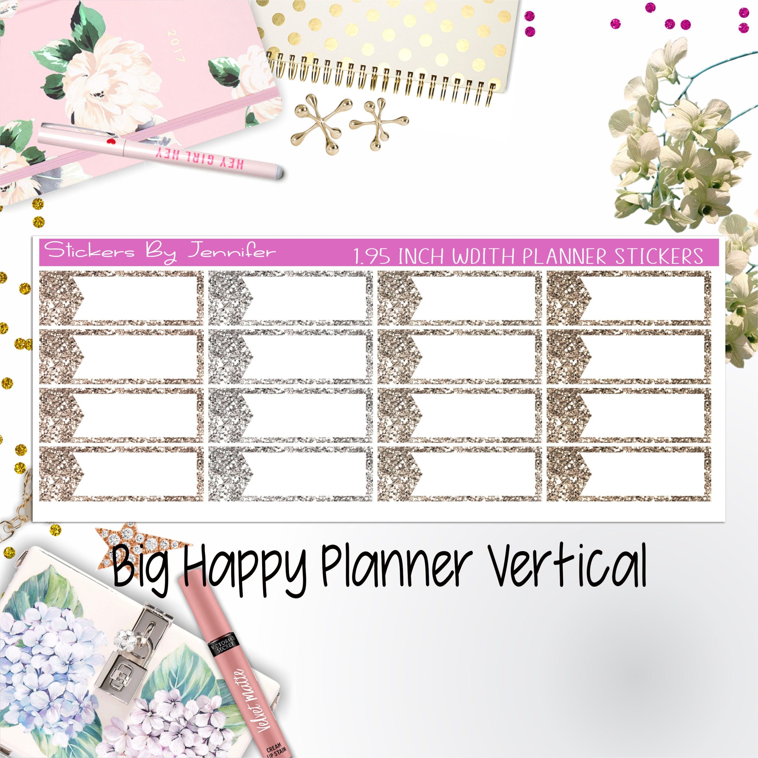 Glitter Labels 1.95 inch Width Quarter Boxes 073 for Big Happy Planner Vertical Planner Stickers