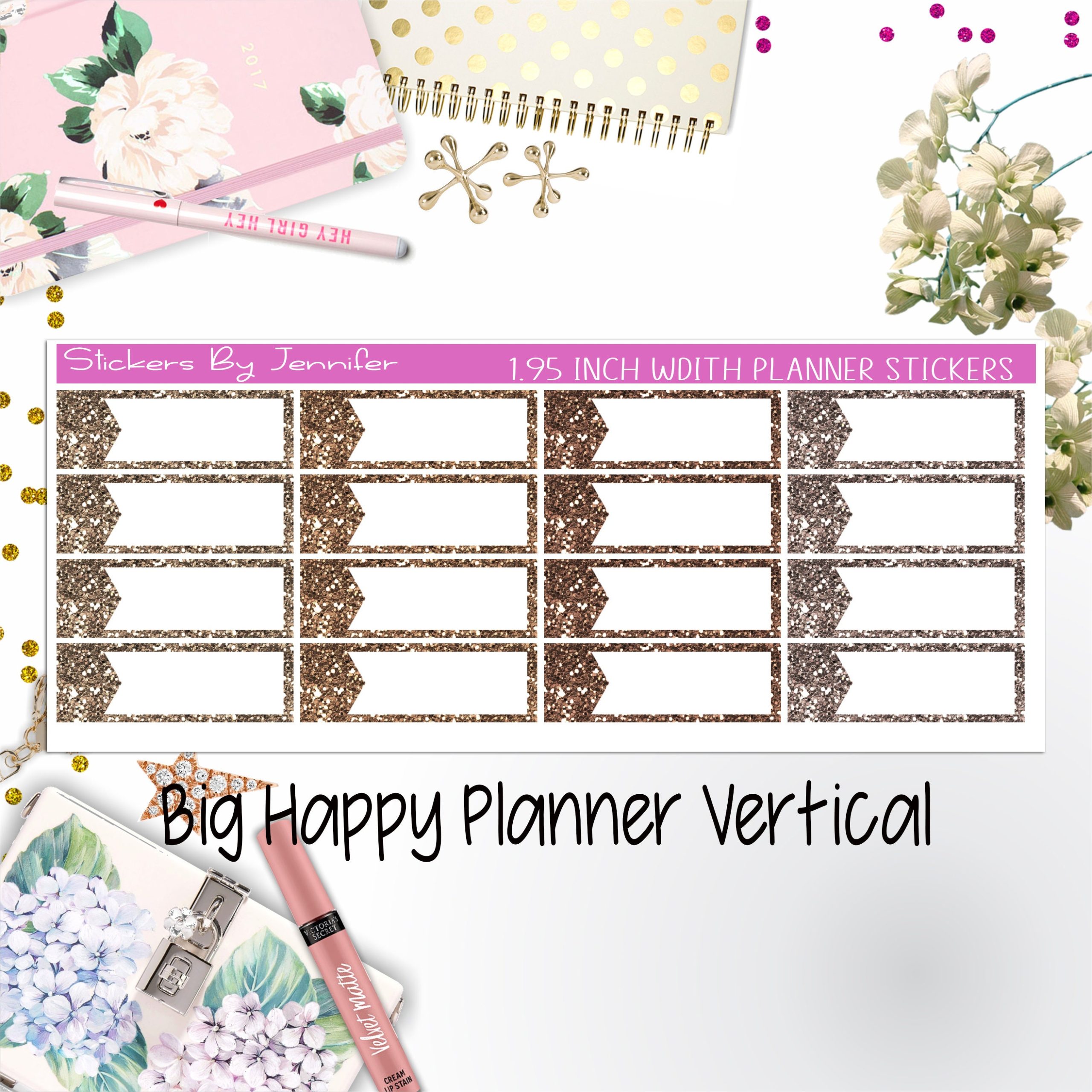 Glitter Labels 1.95 inch Width Quarter Boxes 074 for Big Happy Planner Vertical Planner Stickers