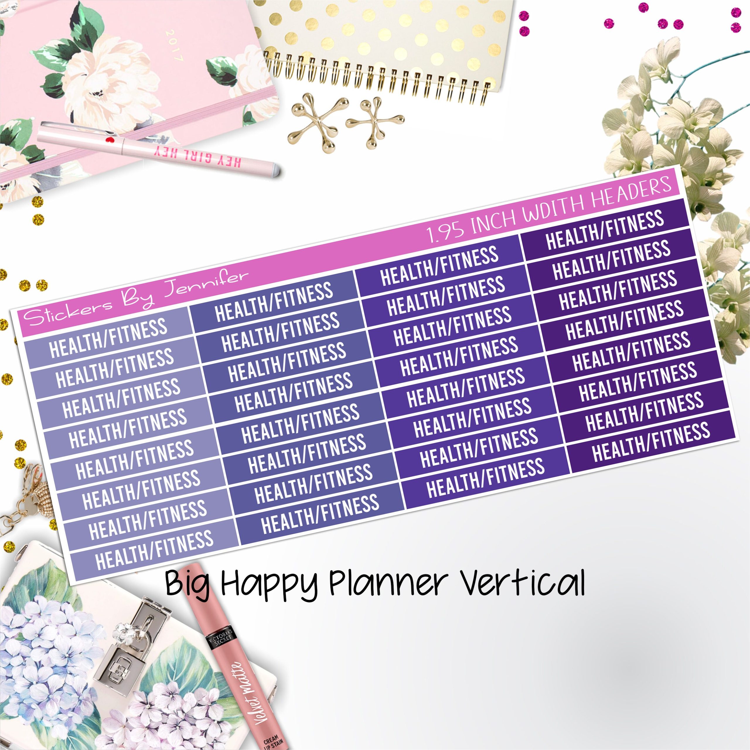 Health/Fitness Headers 1.95 inch Width 726 for Big Happy Planner Vertical Planner Stickers