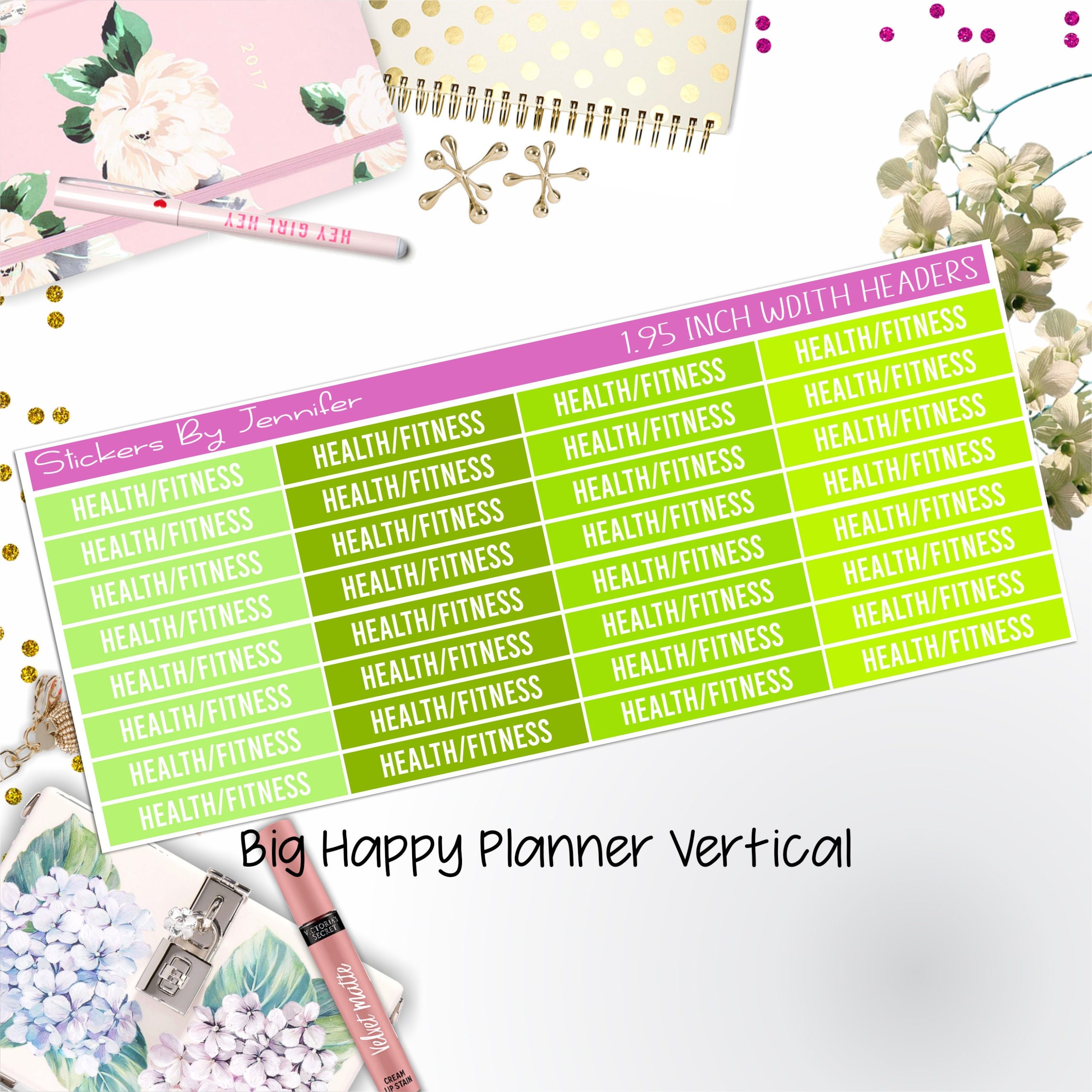 Health/Fitness Headers 1.95 inch Width 735 for Big Happy Planner Vertical Planner Stickers