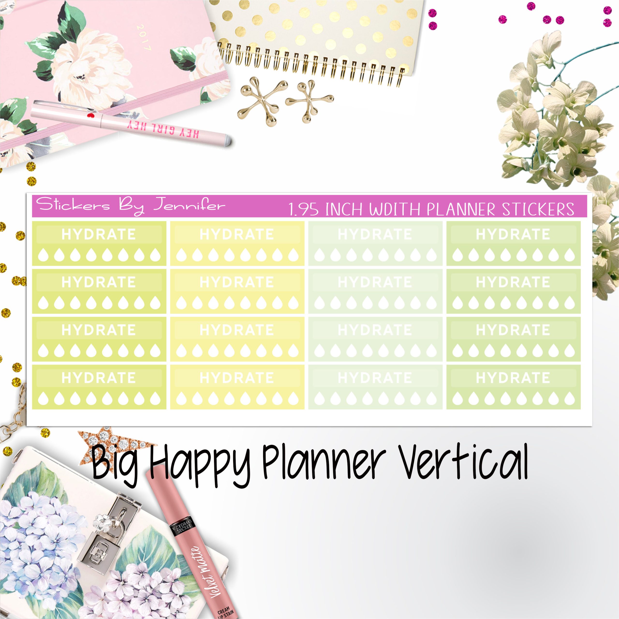 Hydrate Labels 1.95 inch Width Quarter Boxes 278 for Big Happy Planner Vertical Planner Stickers