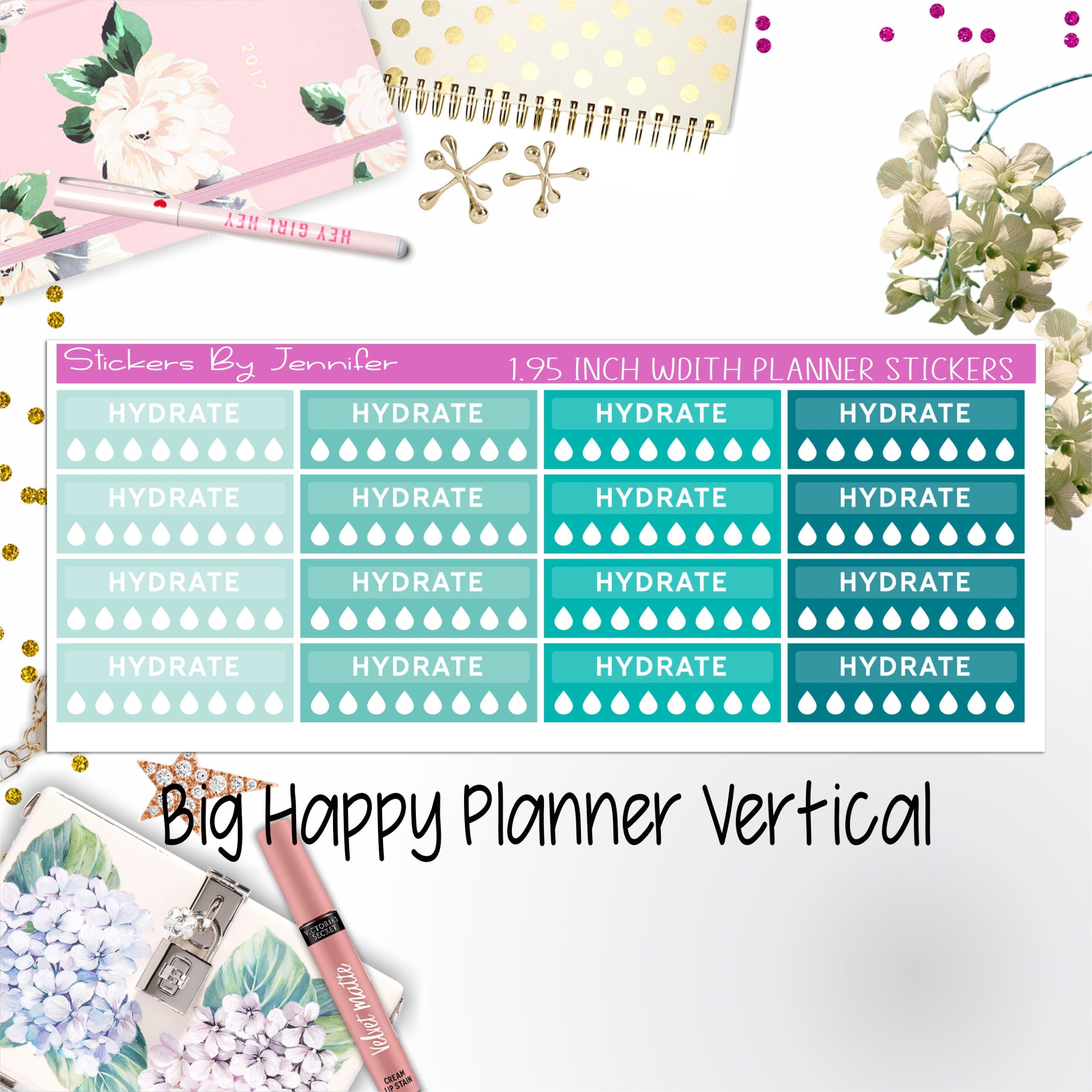 Hydrate Labels 1.95 inch Width Quarter Boxes 282 for Big Happy Planner Vertical Planner Stickers