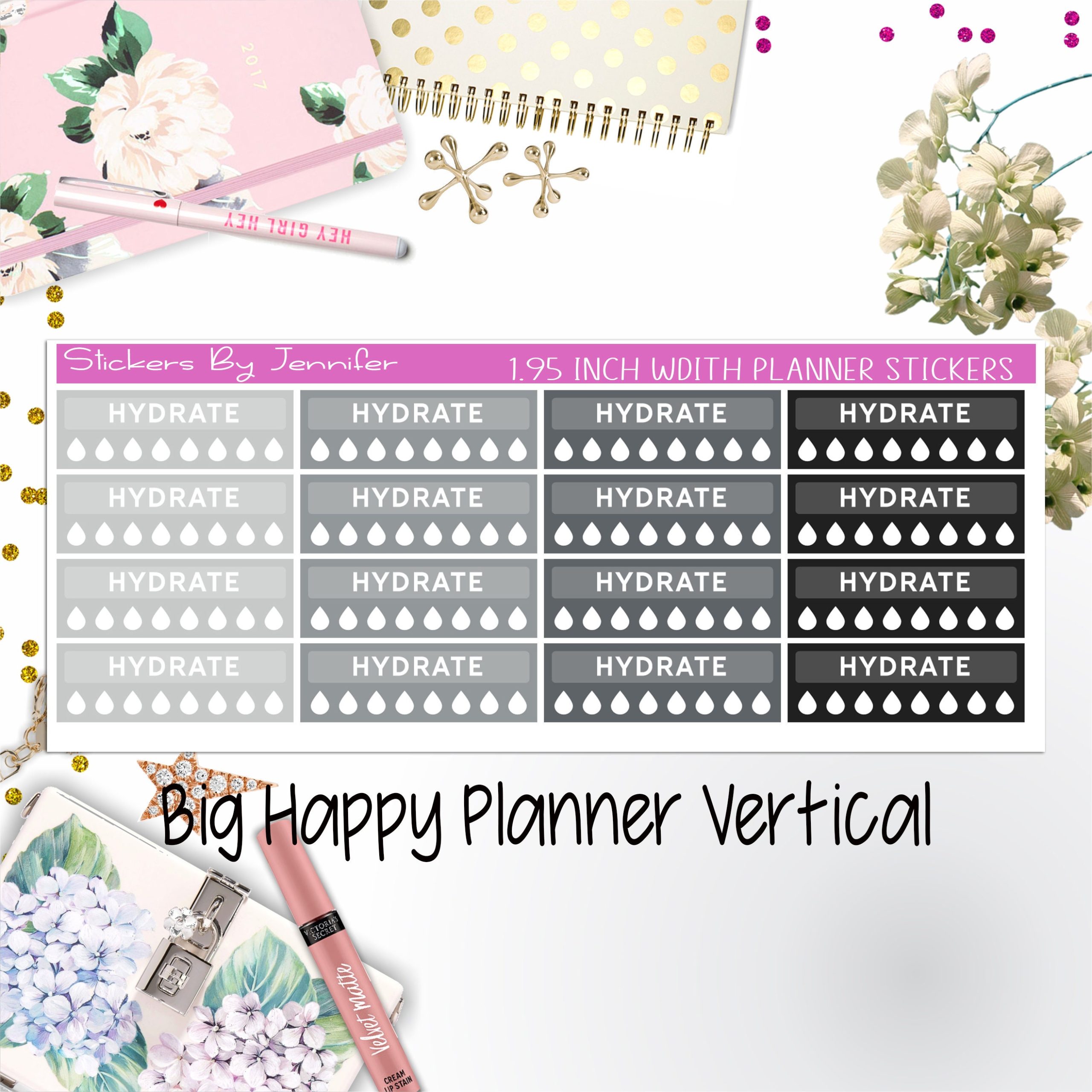 Hydrate Labels 1.95 inch Width Quarter Boxes 300 for Big Happy Planner Vertical Planner Stickers