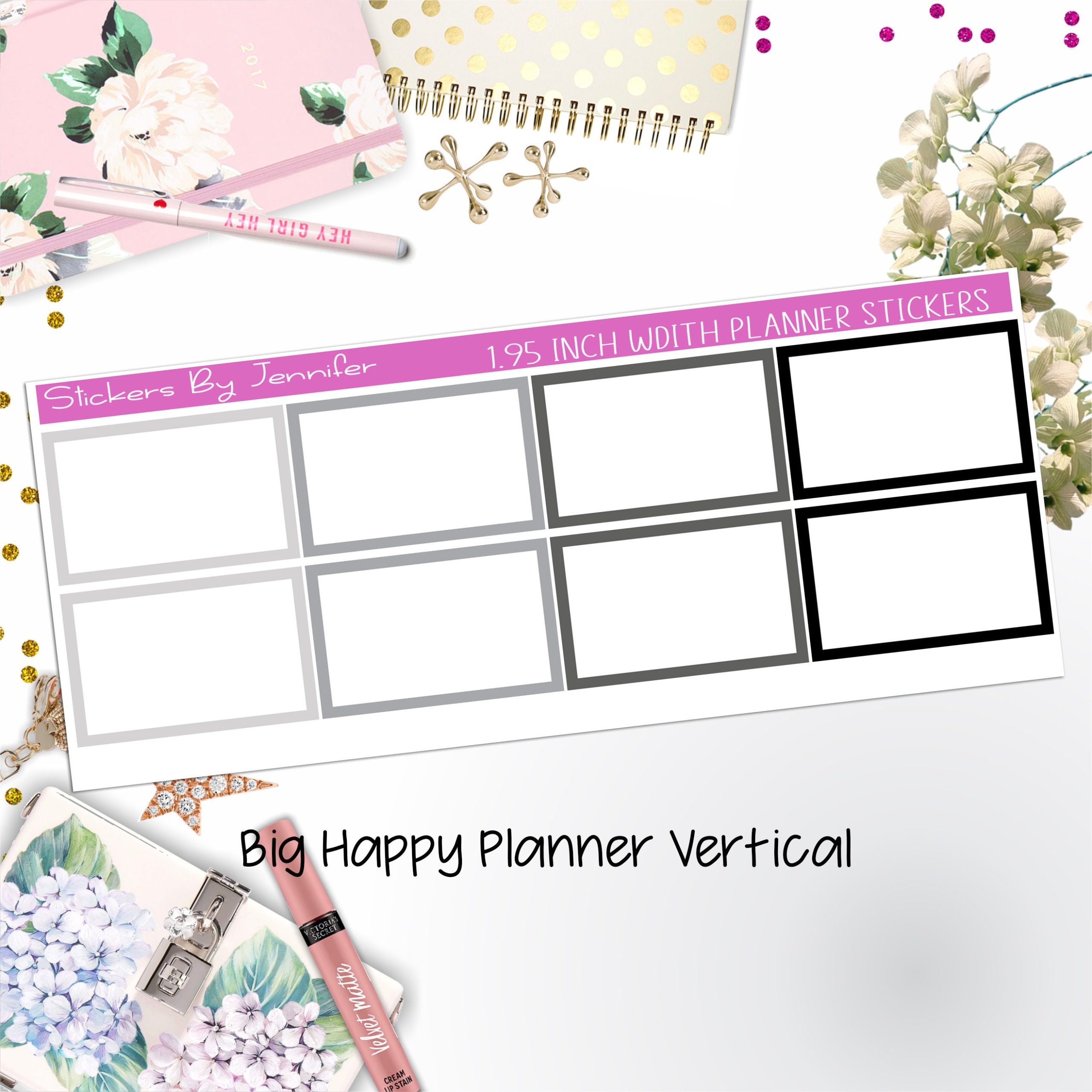 Rectangle 1.95 inch Width Half Boxes 450 for Big Happy Planner Vertical Planner Stickers