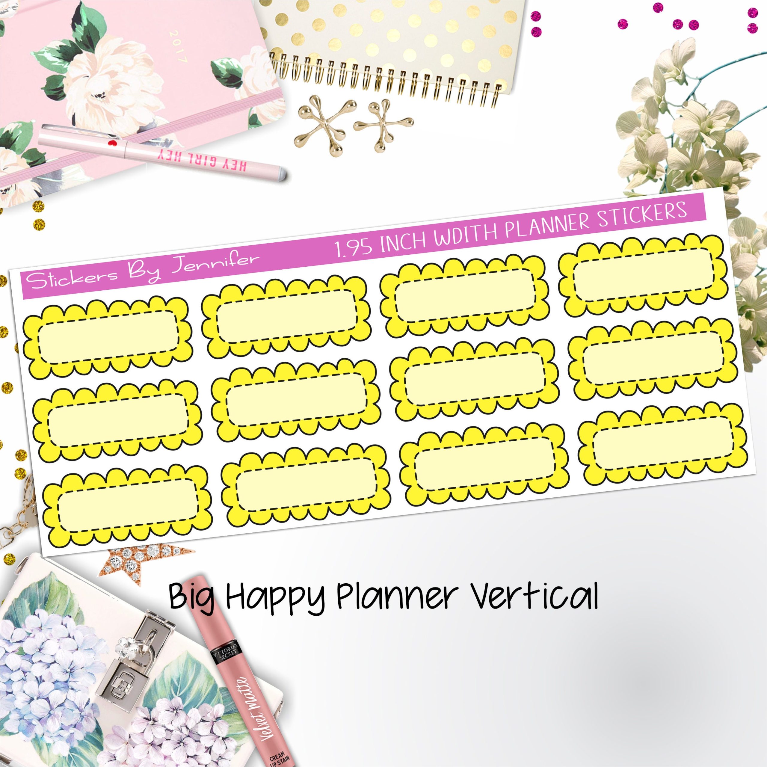 Scallop Labels 1.95 inch Width Quarter Boxes 302 for Big Happy Planner Vertical Planner Stickers