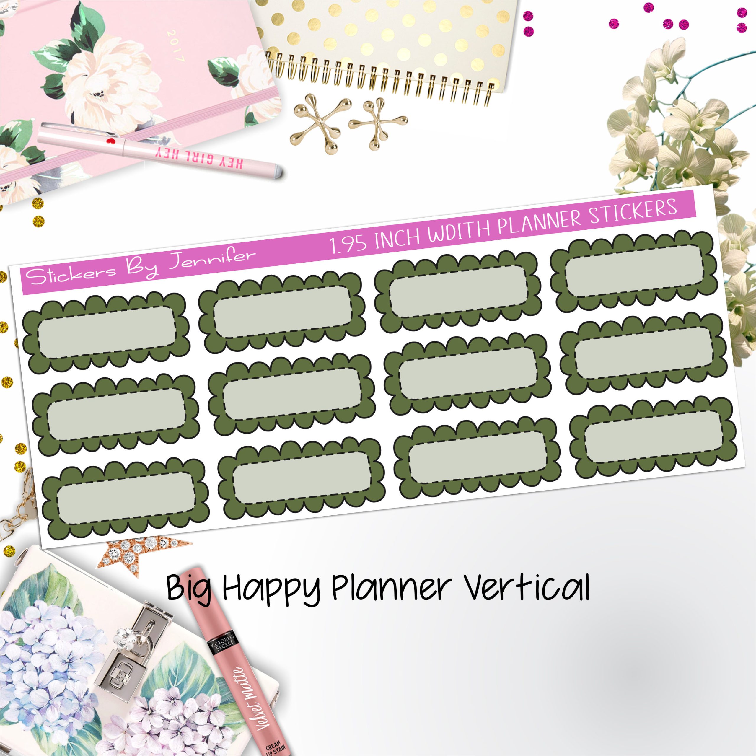 Scallop Labels 1.95 inch Width Quarter Boxes 306 for Big Happy Planner Vertical Planner Stickers