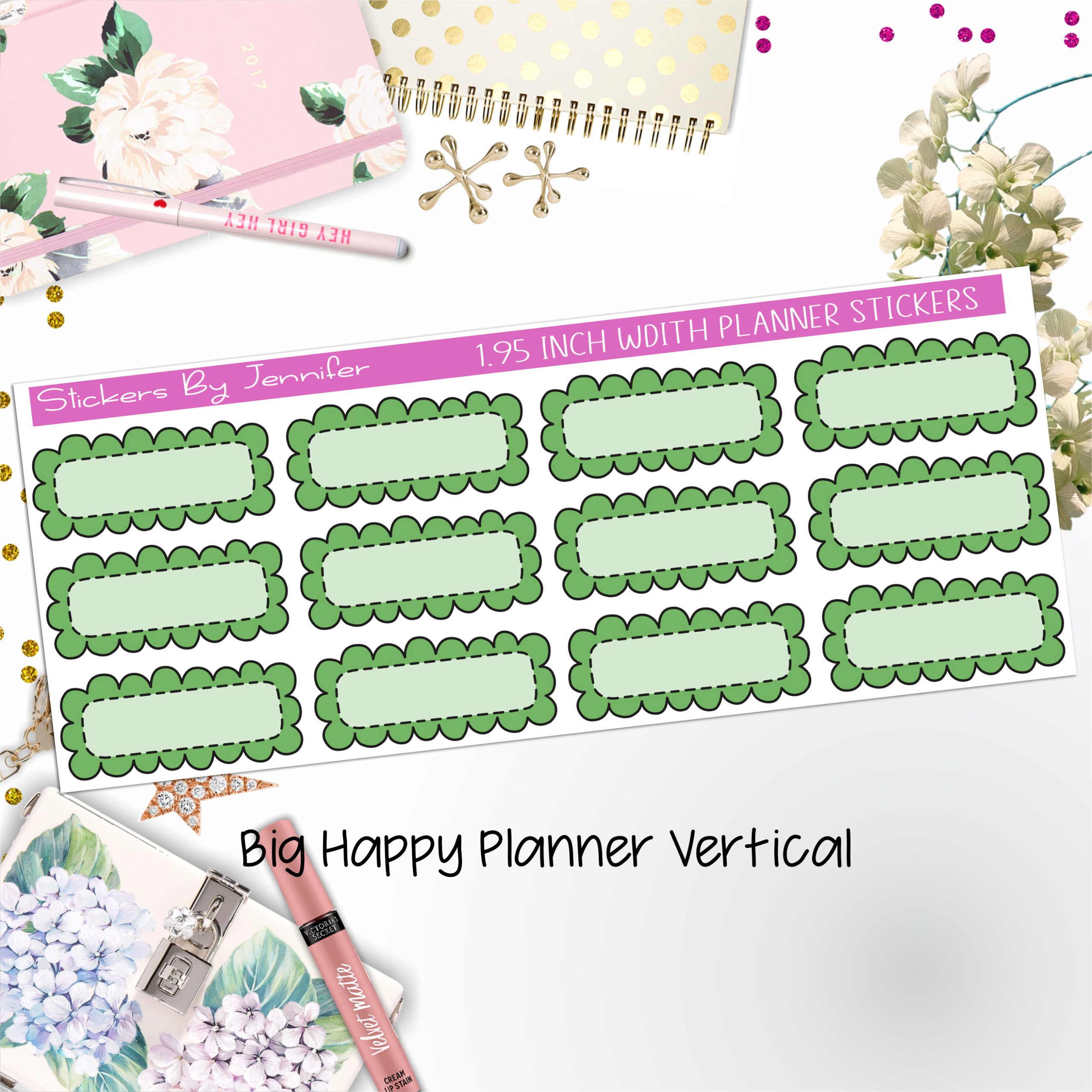 Scallop Labels 1.95 inch Width Quarter Boxes 314 for Big Happy Planner Vertical Planner Stickers