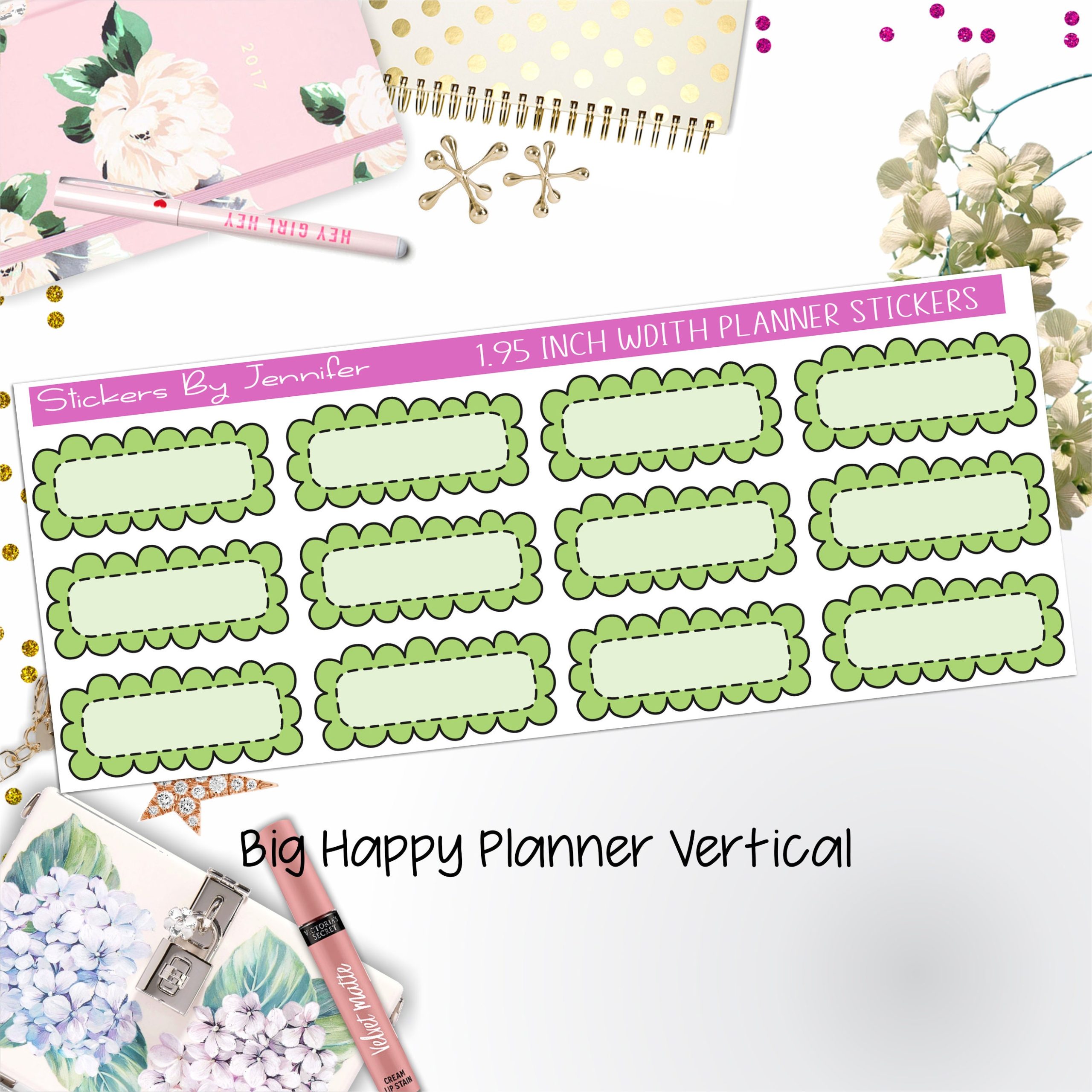 Scallop Labels 1.95 inch Width Quarter Boxes 315 for Big Happy Planner Vertical Planner Stickers