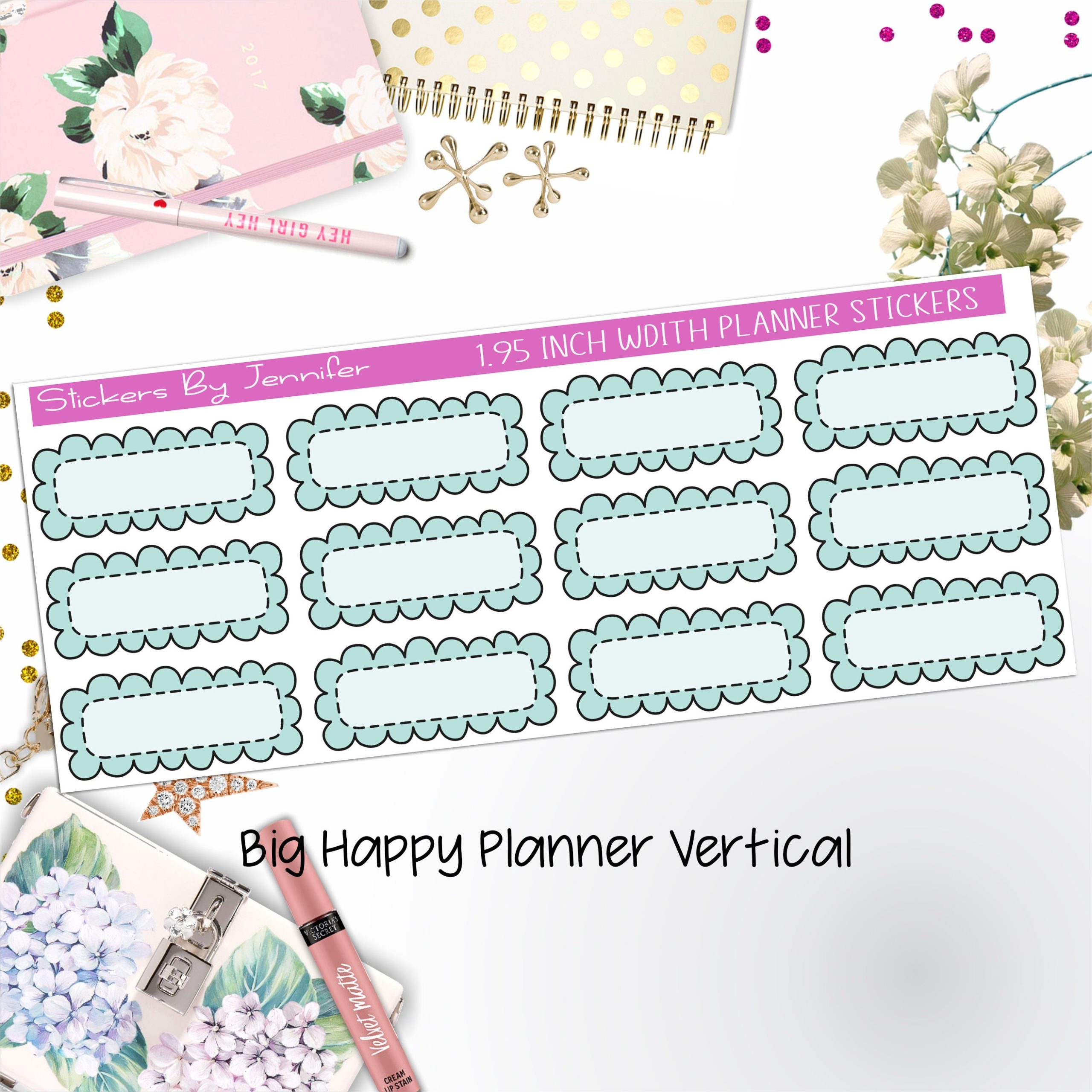 Scallop Labels 1.95 inch Width Quarter Boxes 325 for Big Happy Planner Vertical Planner Stickers