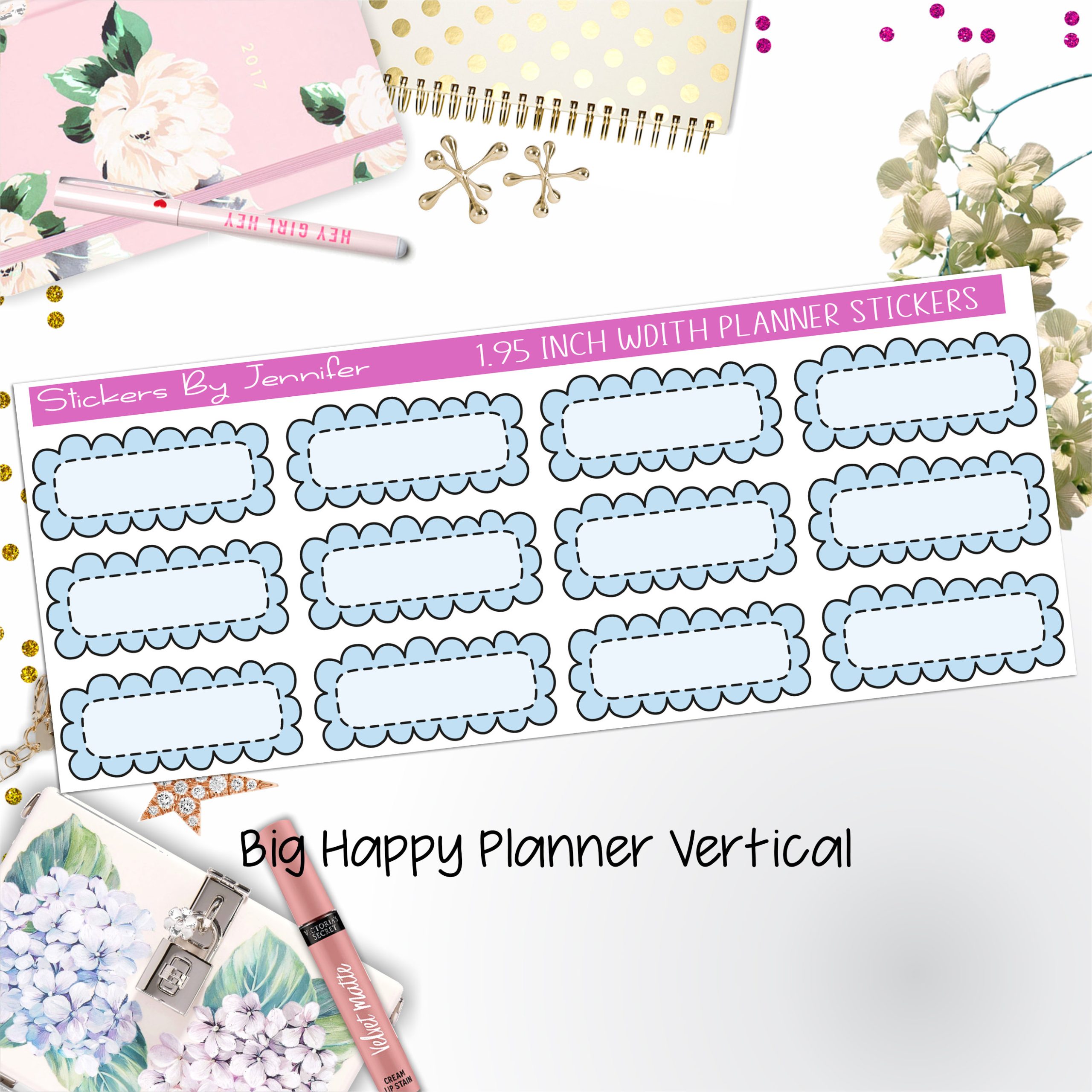 Scallop Labels 1.95 inch Width Quarter Boxes 331 for Big Happy Planner Vertical Planner Stickers