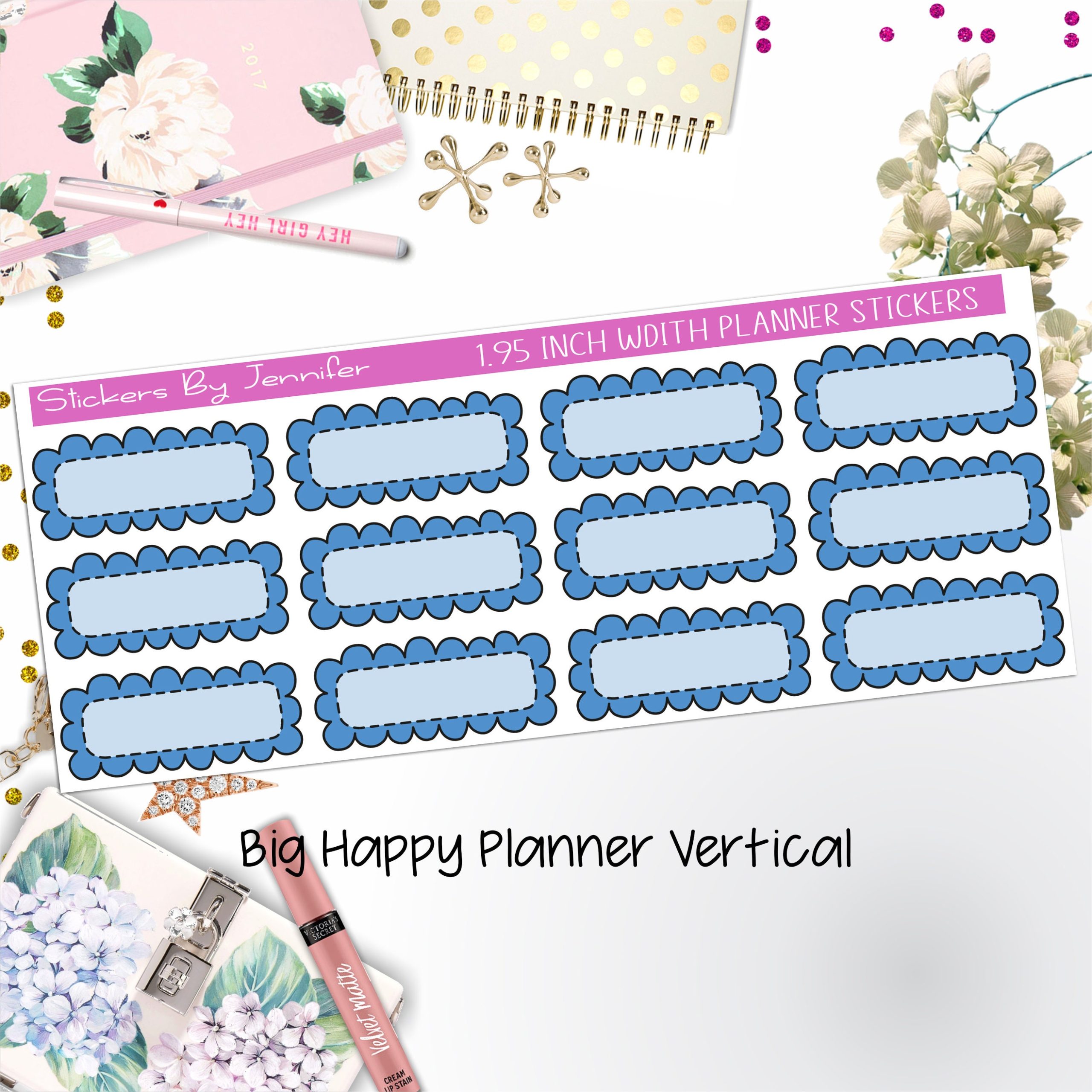 Scallop Labels 1.95 inch Width Quarter Boxes 335 for Big Happy Planner Vertical Planner Stickers