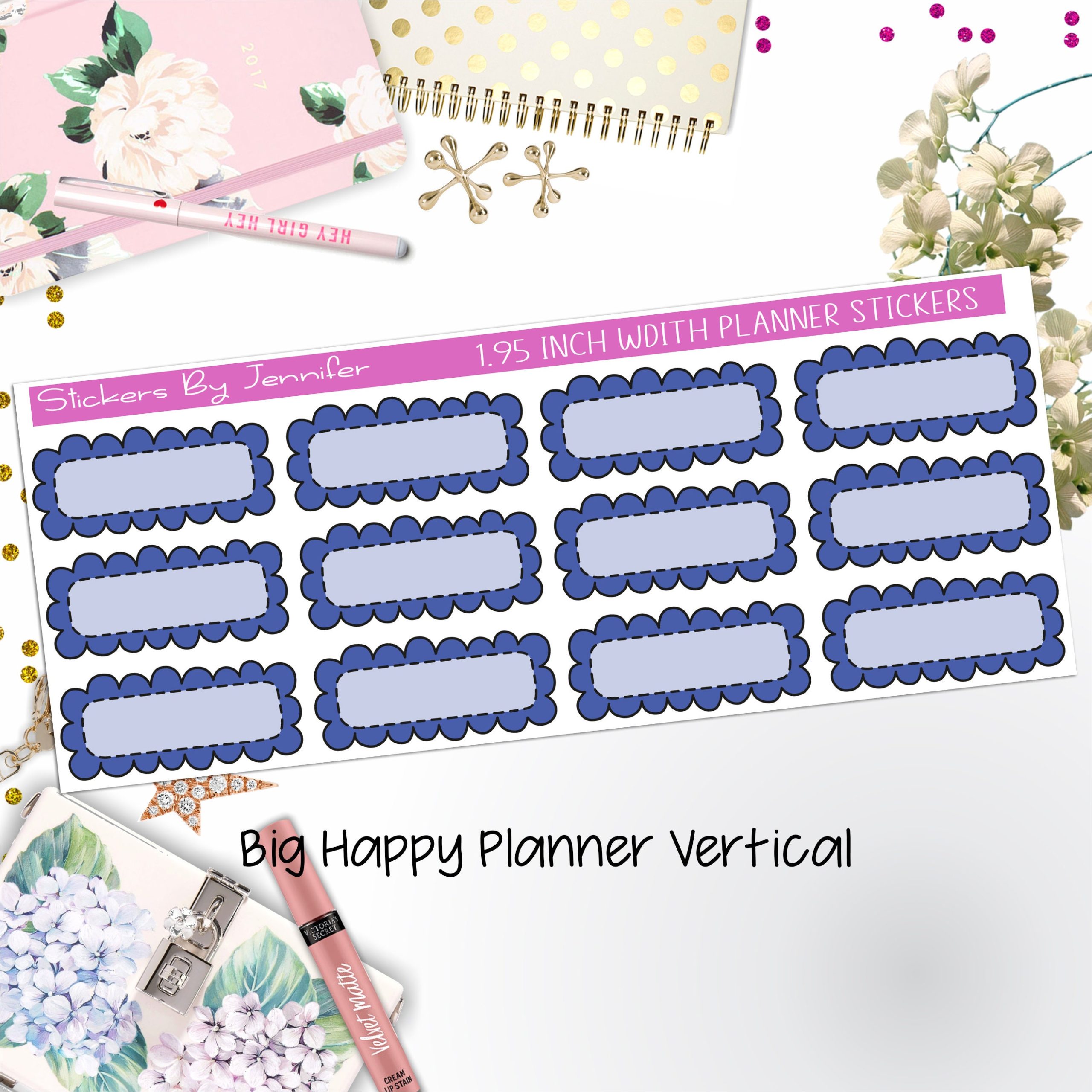 Scallop Labels 1.95 inch Width Quarter Boxes 341 for Big Happy Planner Vertical Planner Stickers
