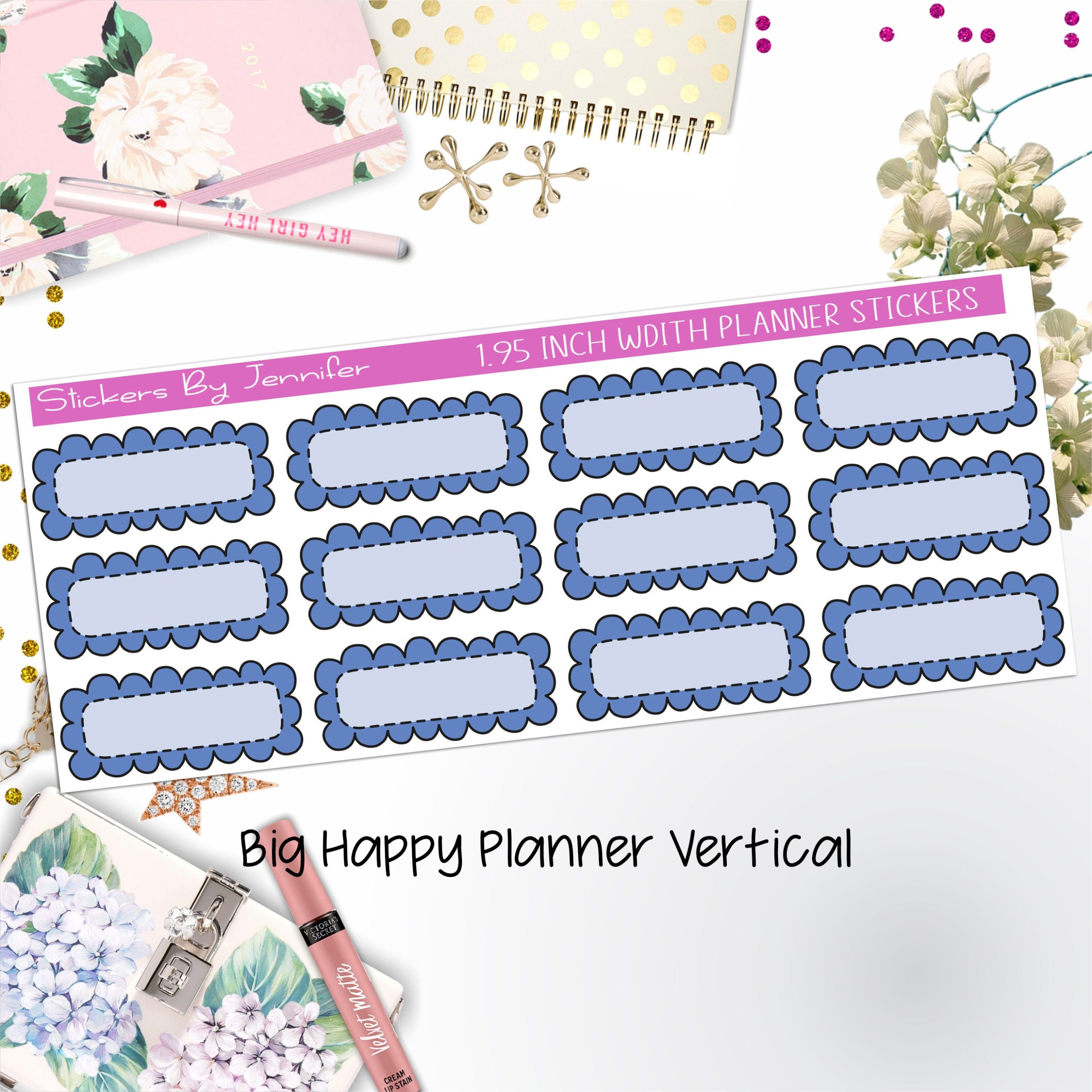 Scallop Labels 1.95 inch Width Quarter Boxes 342 for Big Happy Planner Vertical Planner Stickers