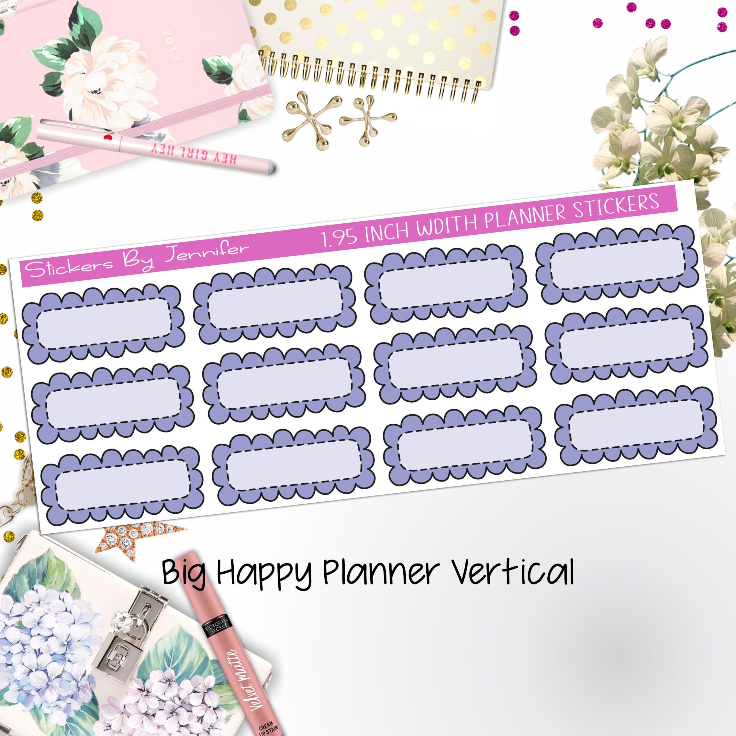 Scallop Labels 1.95 inch Width Quarter Boxes 343 for Big Happy Planner Vertical Planner Stickers