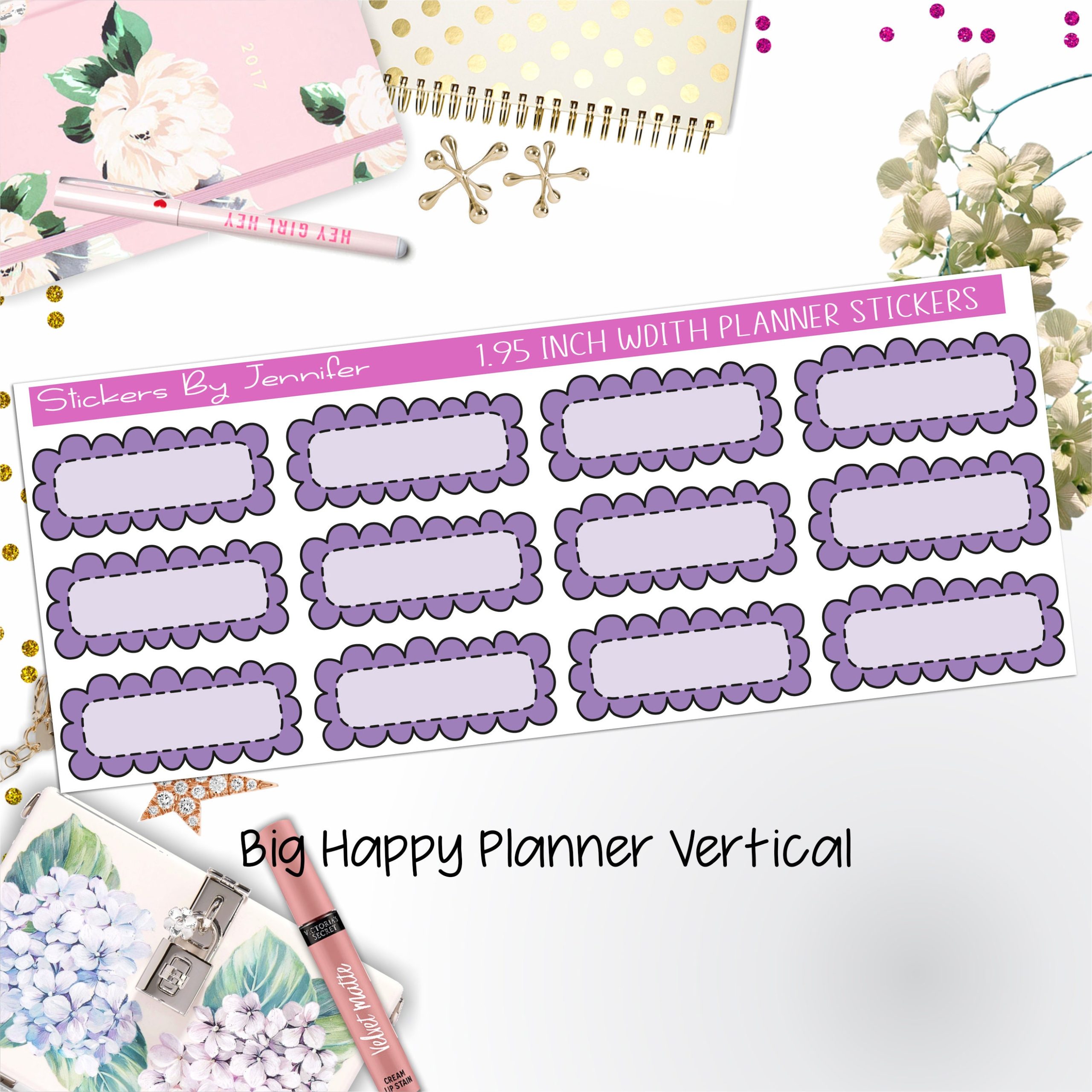 Scallop Labels 1.95 inch Width Quarter Boxes 347 for Big Happy Planner Vertical Planner Stickers