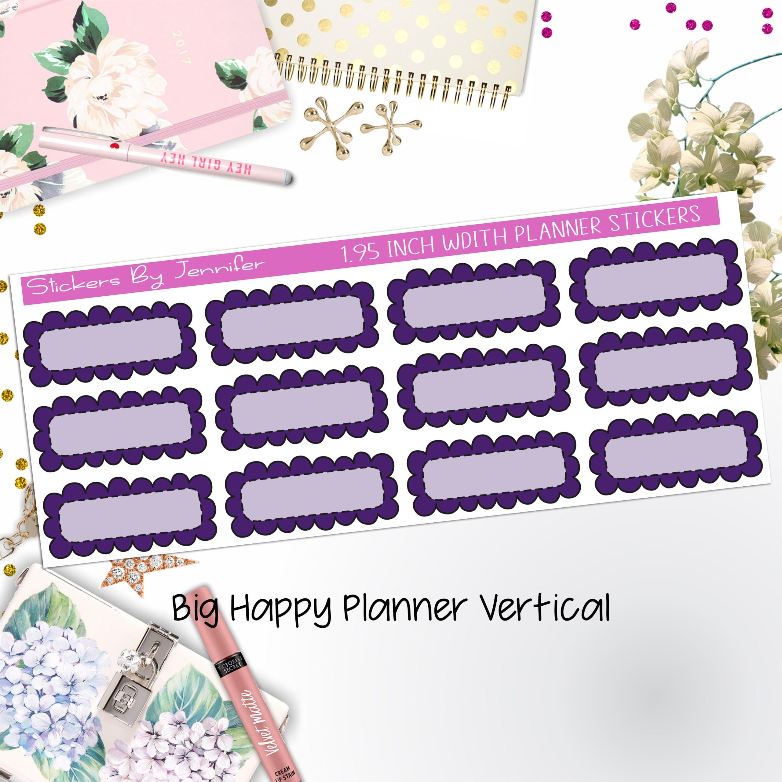 Scallop Labels 1.95 inch Width Quarter Boxes 350 for Big Happy Planner Vertical Planner Stickers