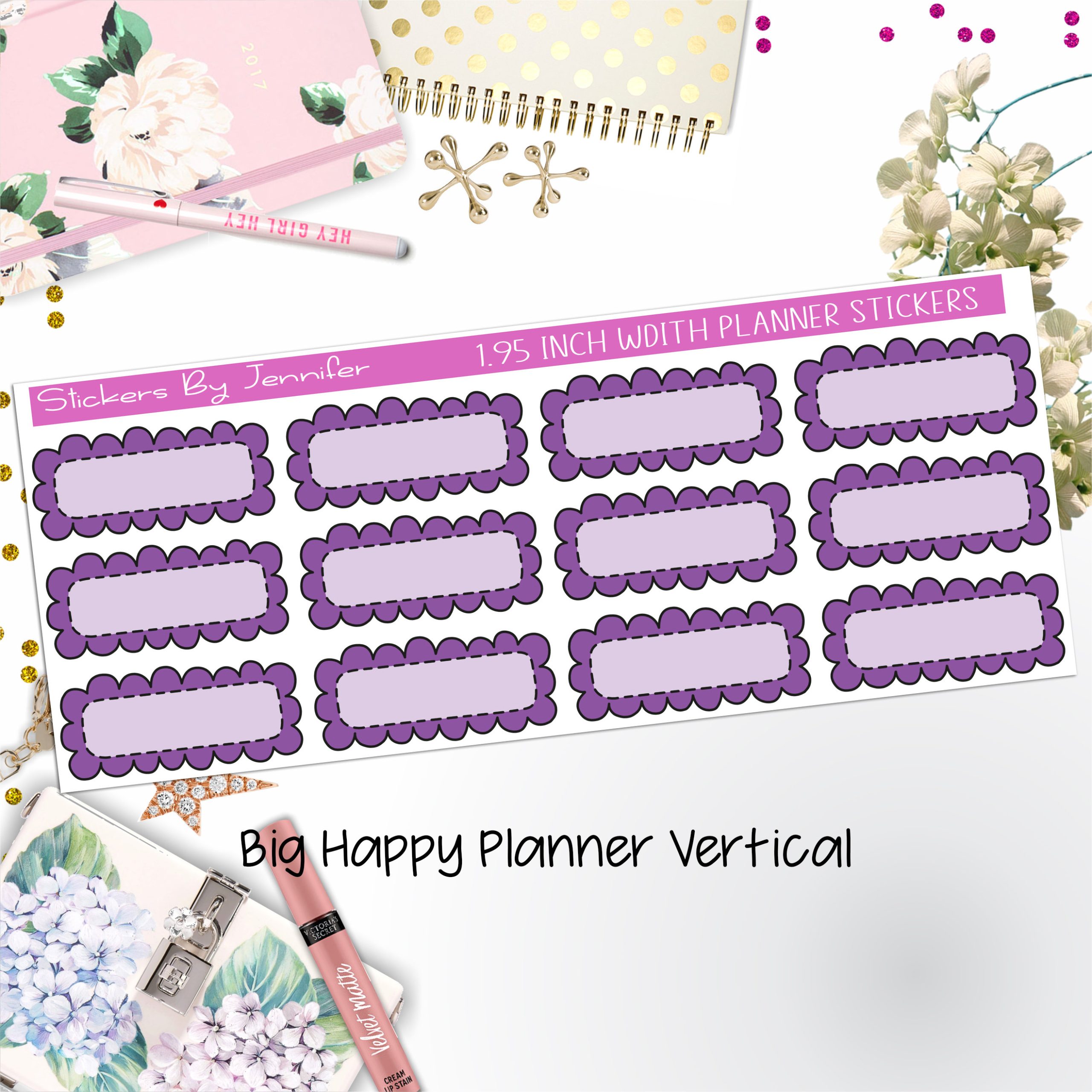 Scallop Labels 1.95 inch Width Quarter Boxes 352 for Big Happy Planner Vertical Planner Stickers