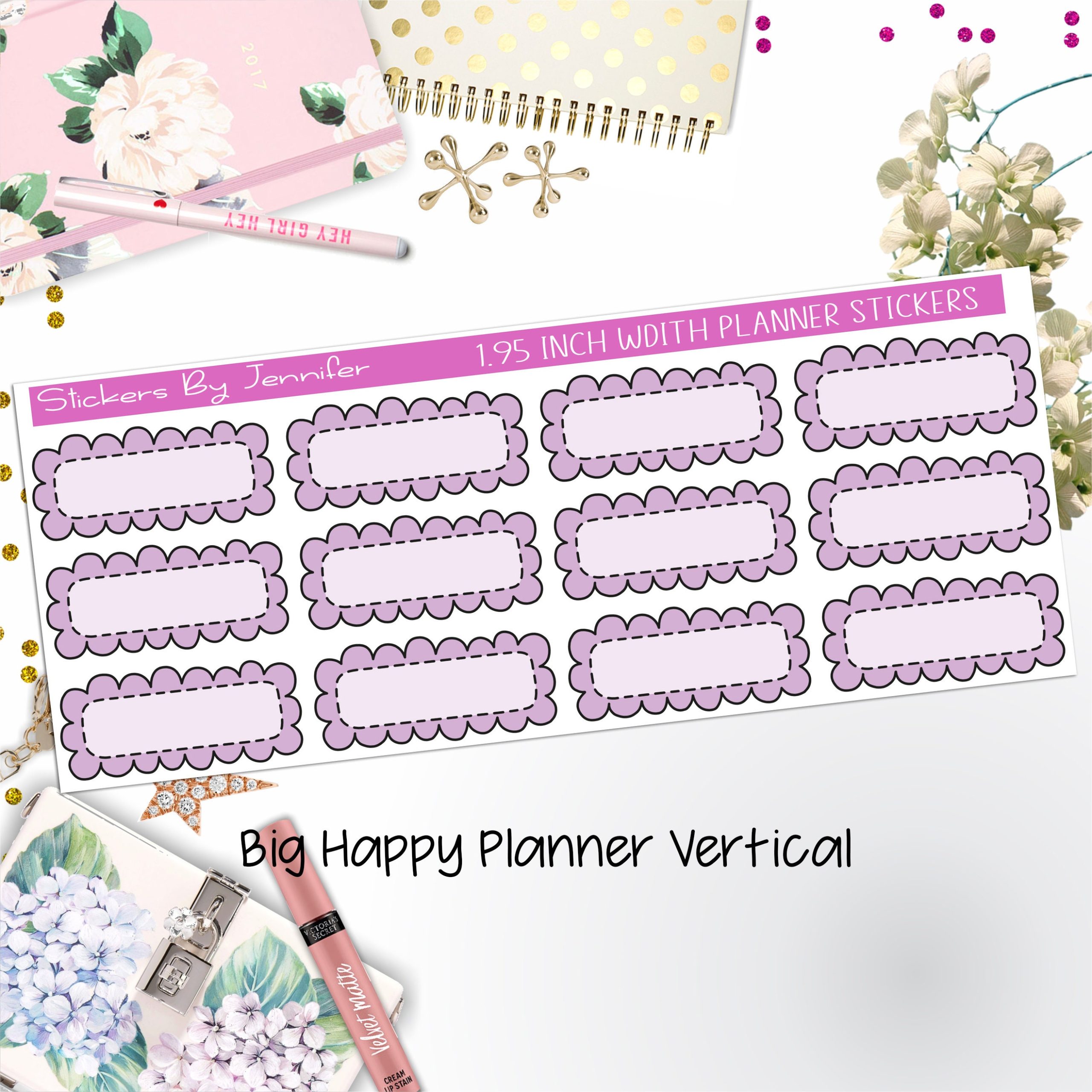 Scallop Labels 1.95 inch Width Quarter Boxes 354 for Big Happy Planner Vertical Planner Stickers