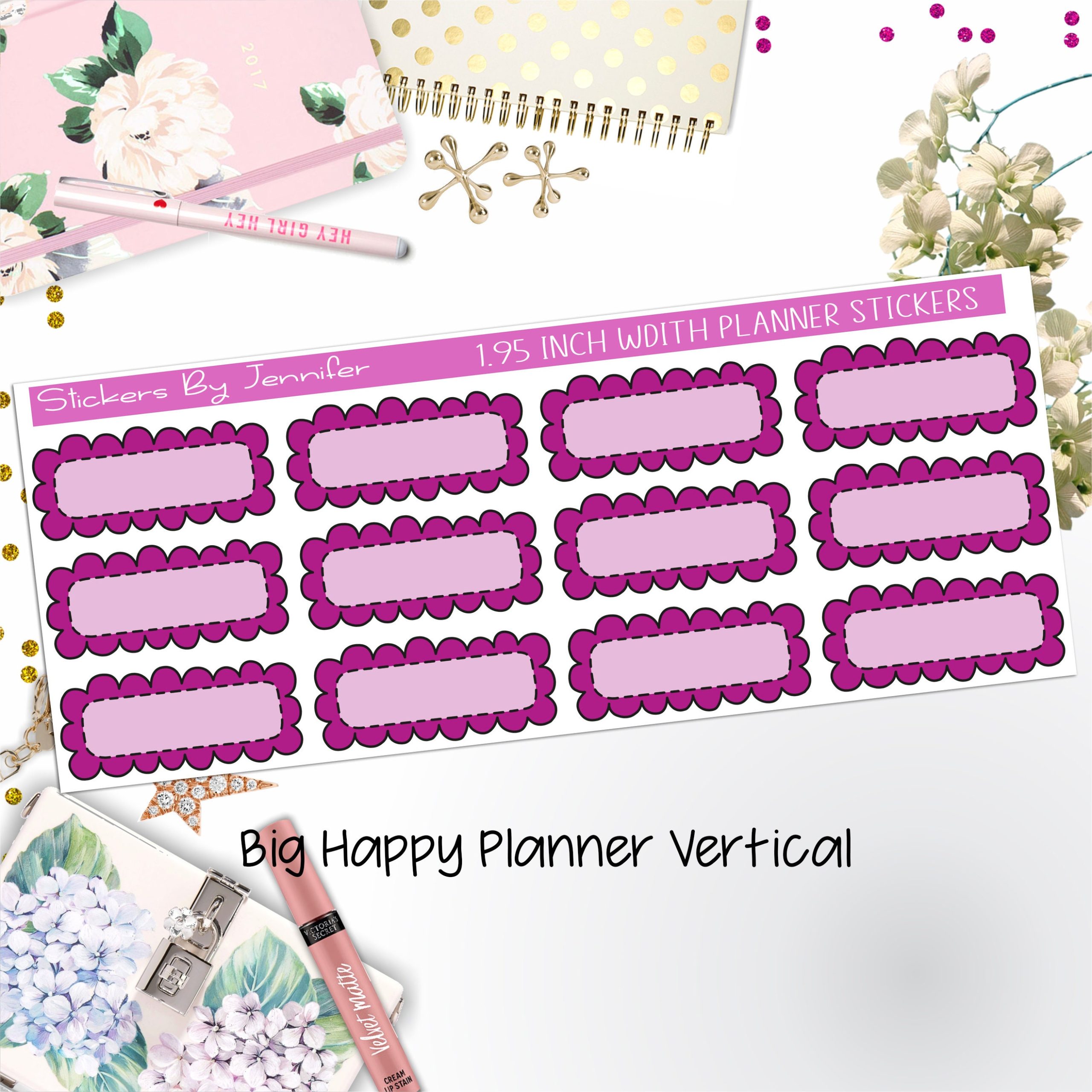 Scallop Labels 1.95 inch Width Quarter Boxes 360 for Big Happy Planner Vertical Planner Stickers