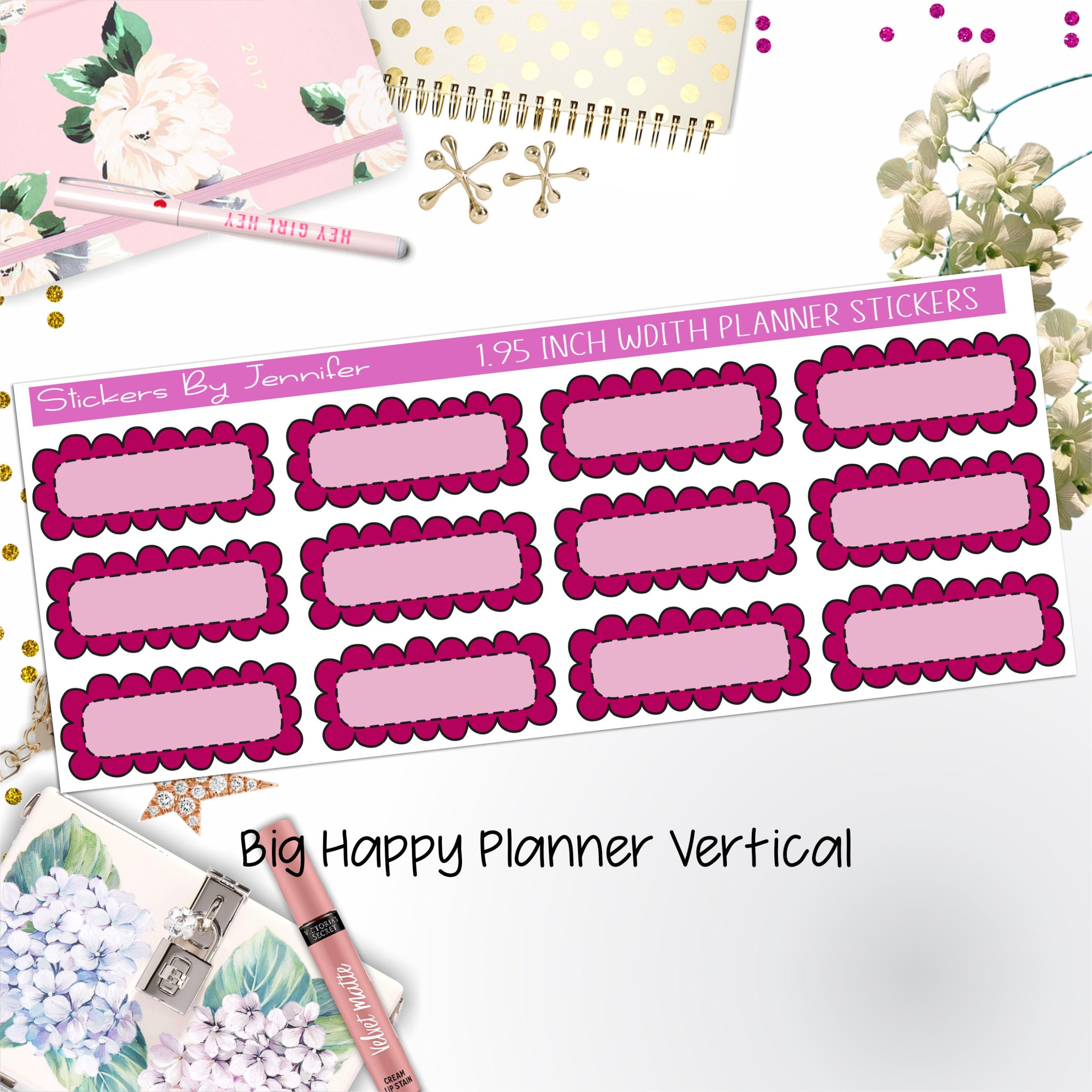 Scallop Labels 1.95 inch Width Quarter Boxes 361 for Big Happy Planner Vertical Planner Stickers
