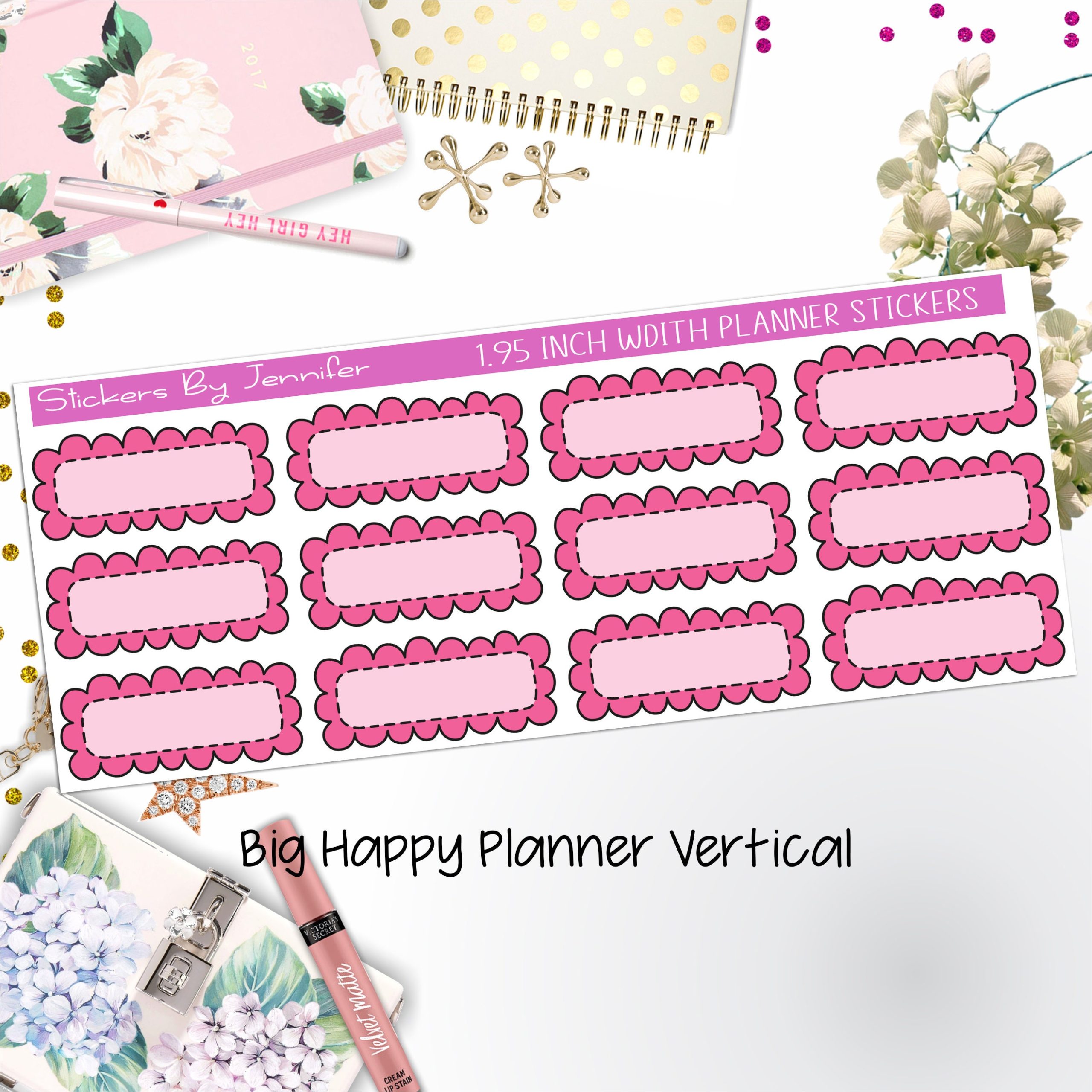 Scallop Labels 1.95 inch Width Quarter Boxes 364 for Big Happy Planner Vertical Planner Stickers