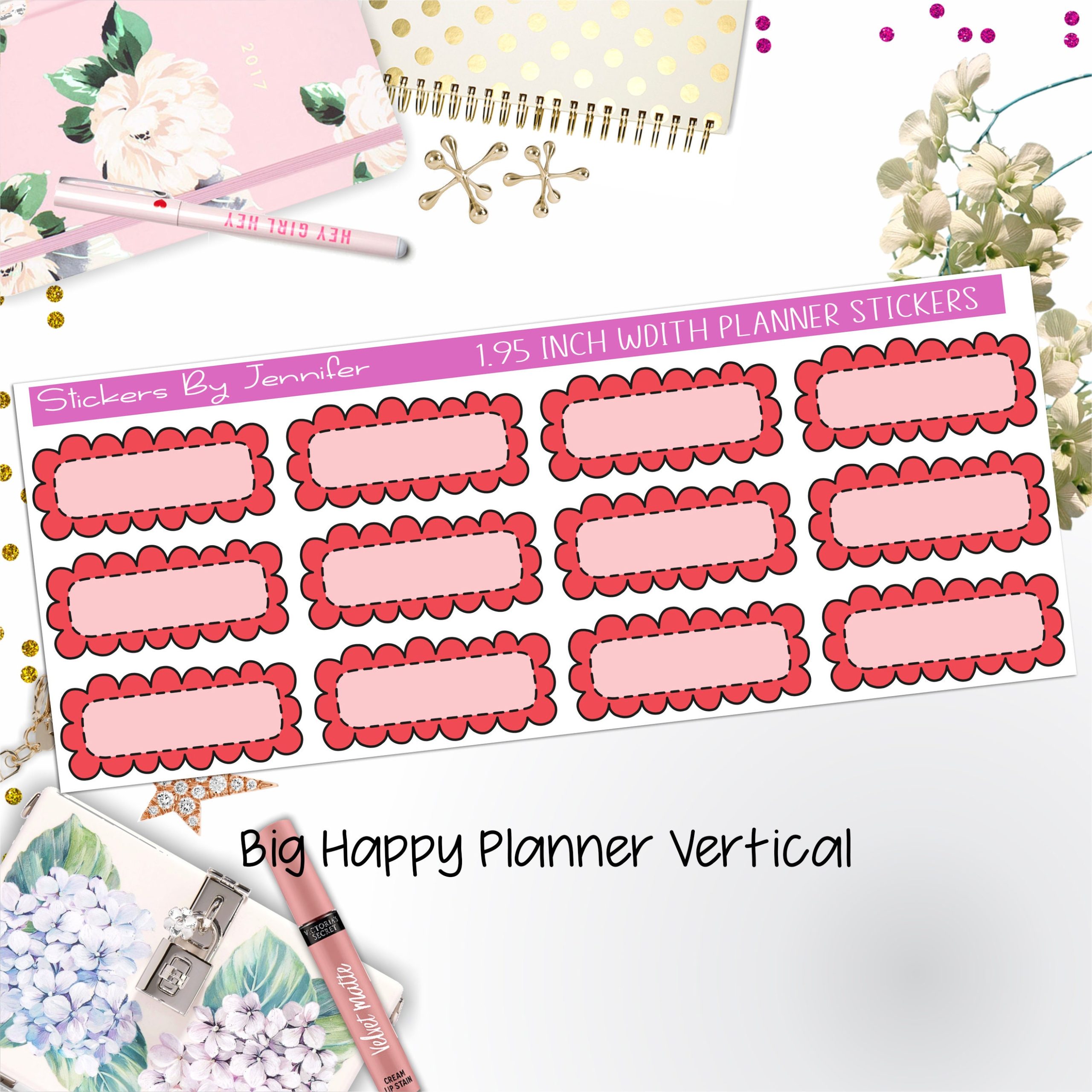 Scallop Labels 1.95 inch Width Quarter Boxes 371 for Big Happy Planner Vertical Planner Stickers