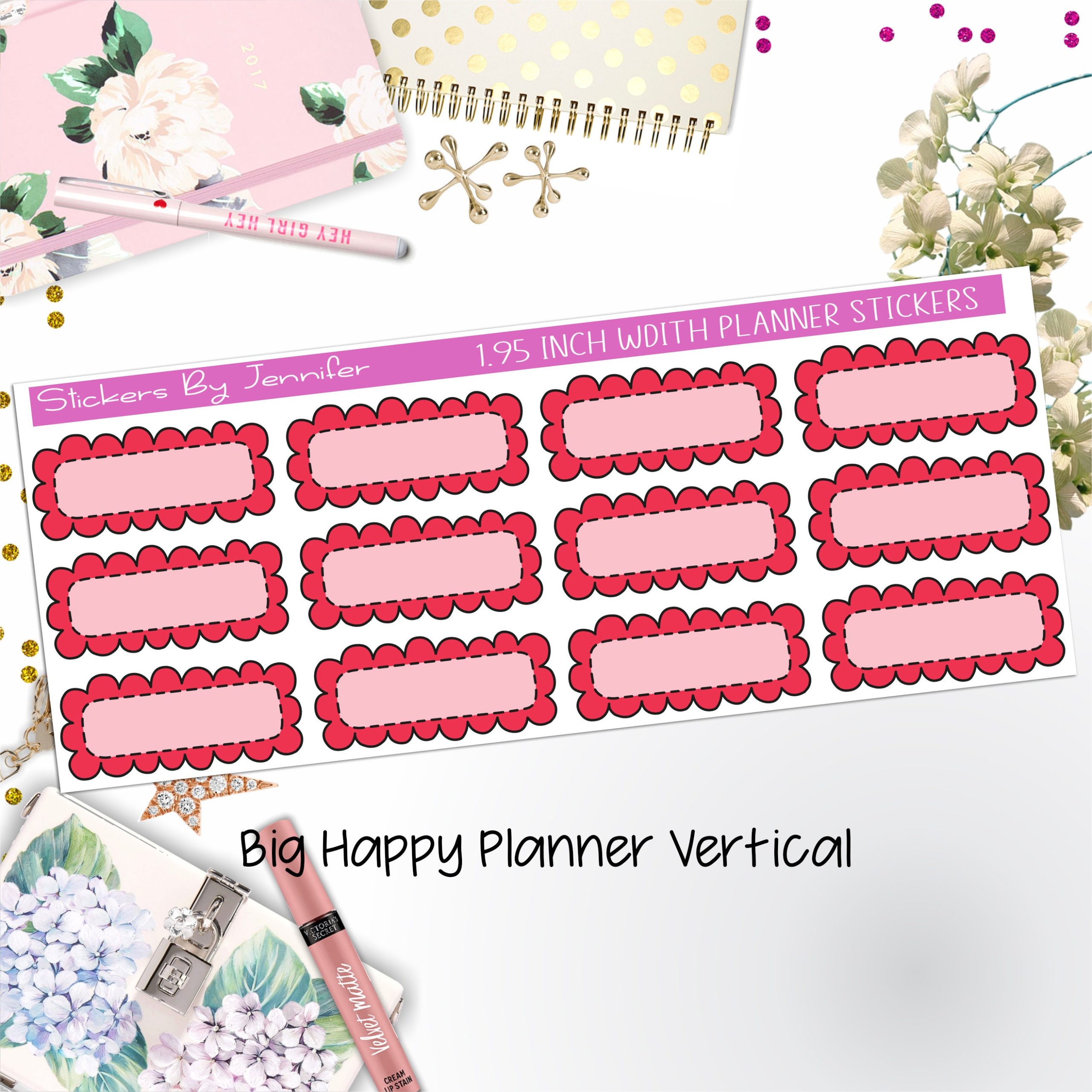Scallop Labels 1.95 inch Width Quarter Boxes 372 for Big Happy Planner Vertical Planner Stickers