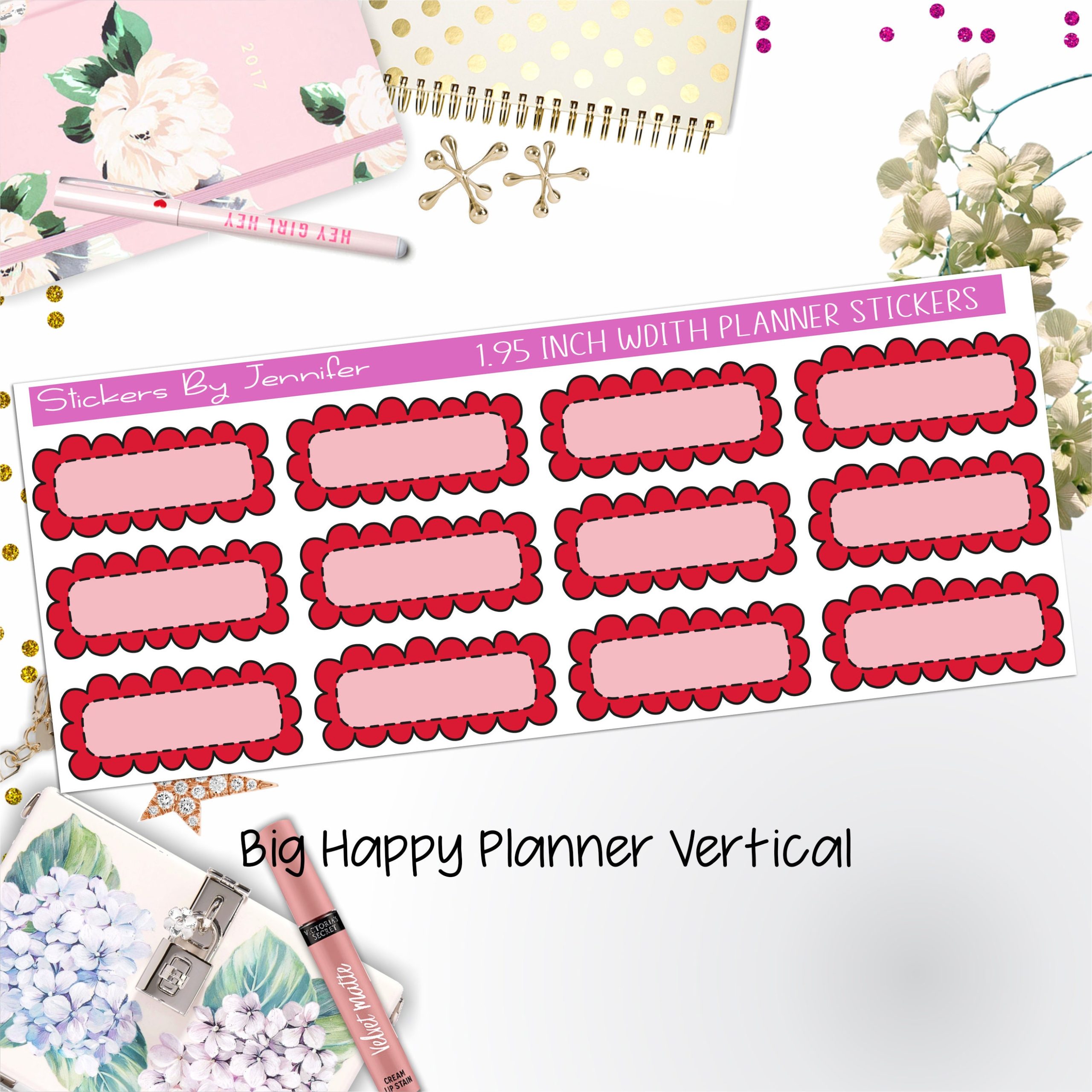 Scallop Labels 1.95 inch Width Quarter Boxes 373 for Big Happy Planner Vertical Planner Stickers