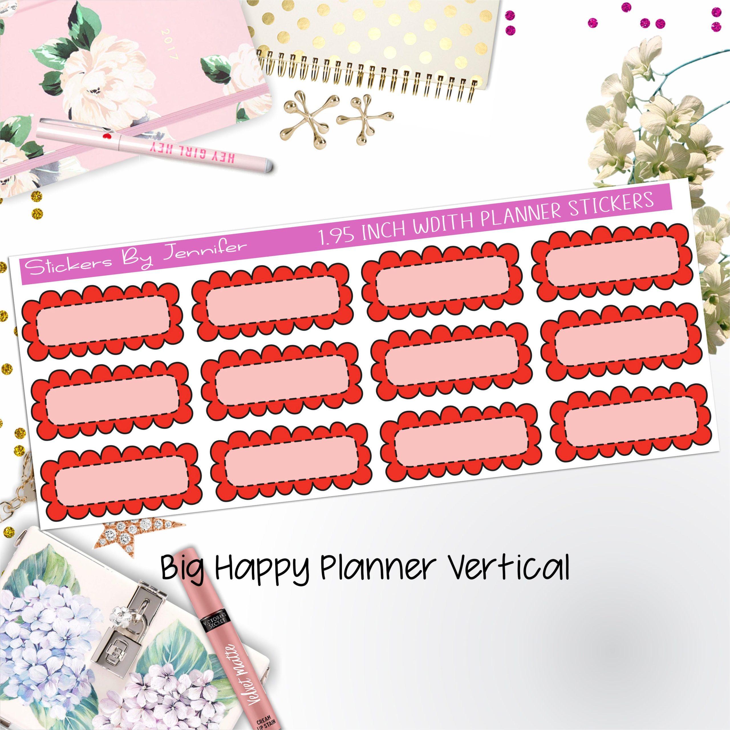 Scallop Labels 1.95 inch Width Quarter Boxes 375 for Big Happy Planner Vertical Planner Stickers