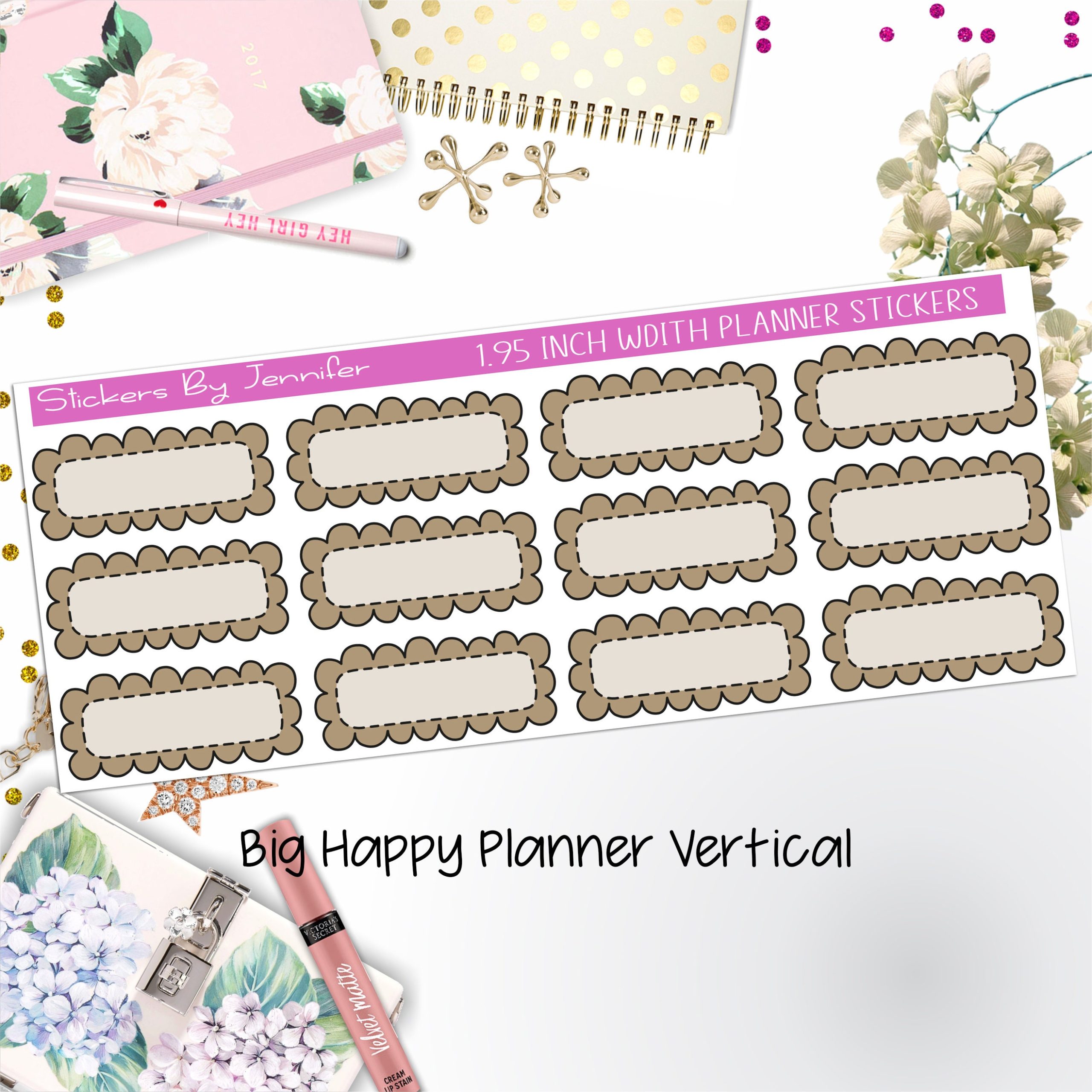 Scallop Labels 1.95 inch Width Quarter Boxes 389 for Big Happy Planner Vertical Planner Stickers