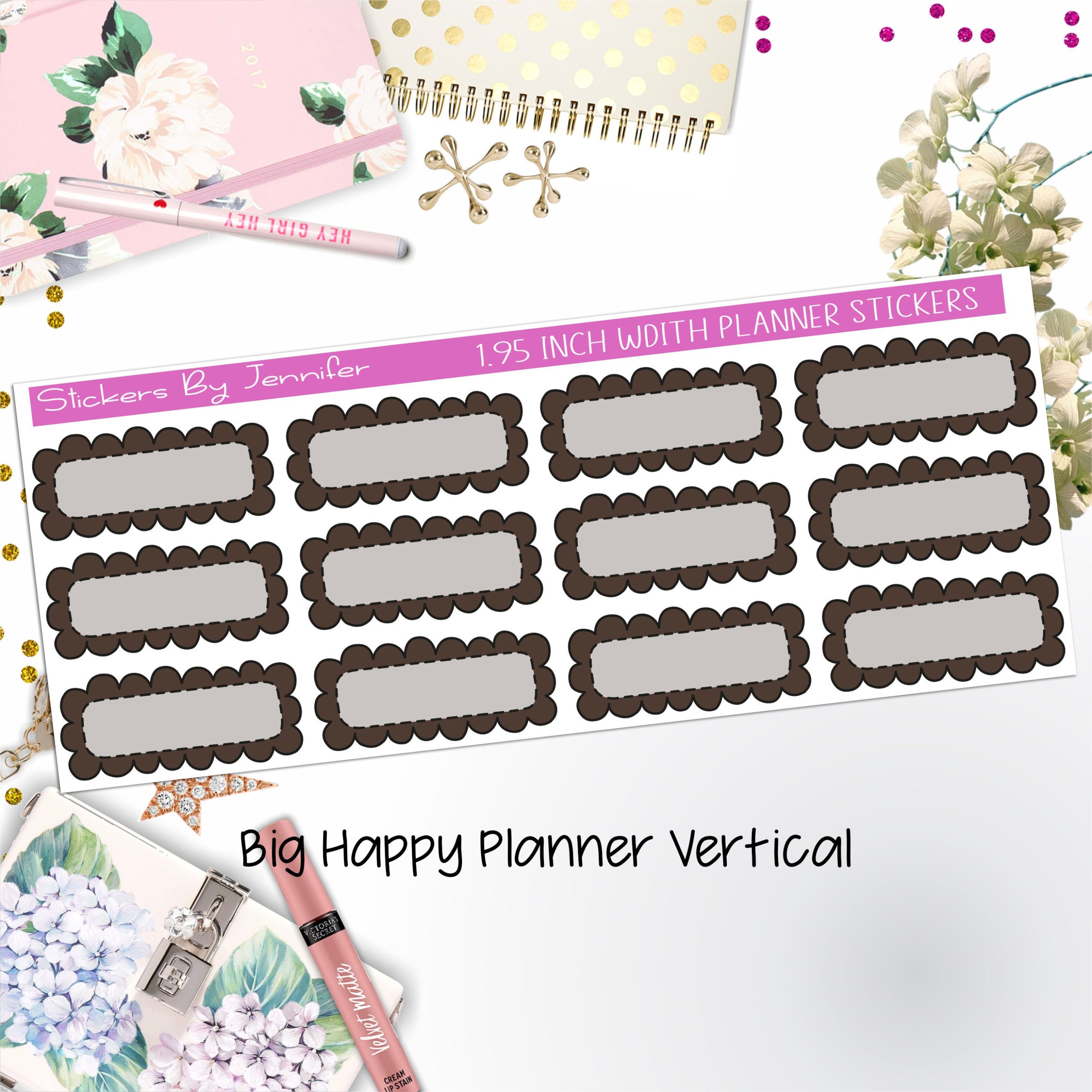 Scallop Labels 1.95 inch Width Quarter Boxes 391 for Big Happy Planner Vertical Planner Stickers