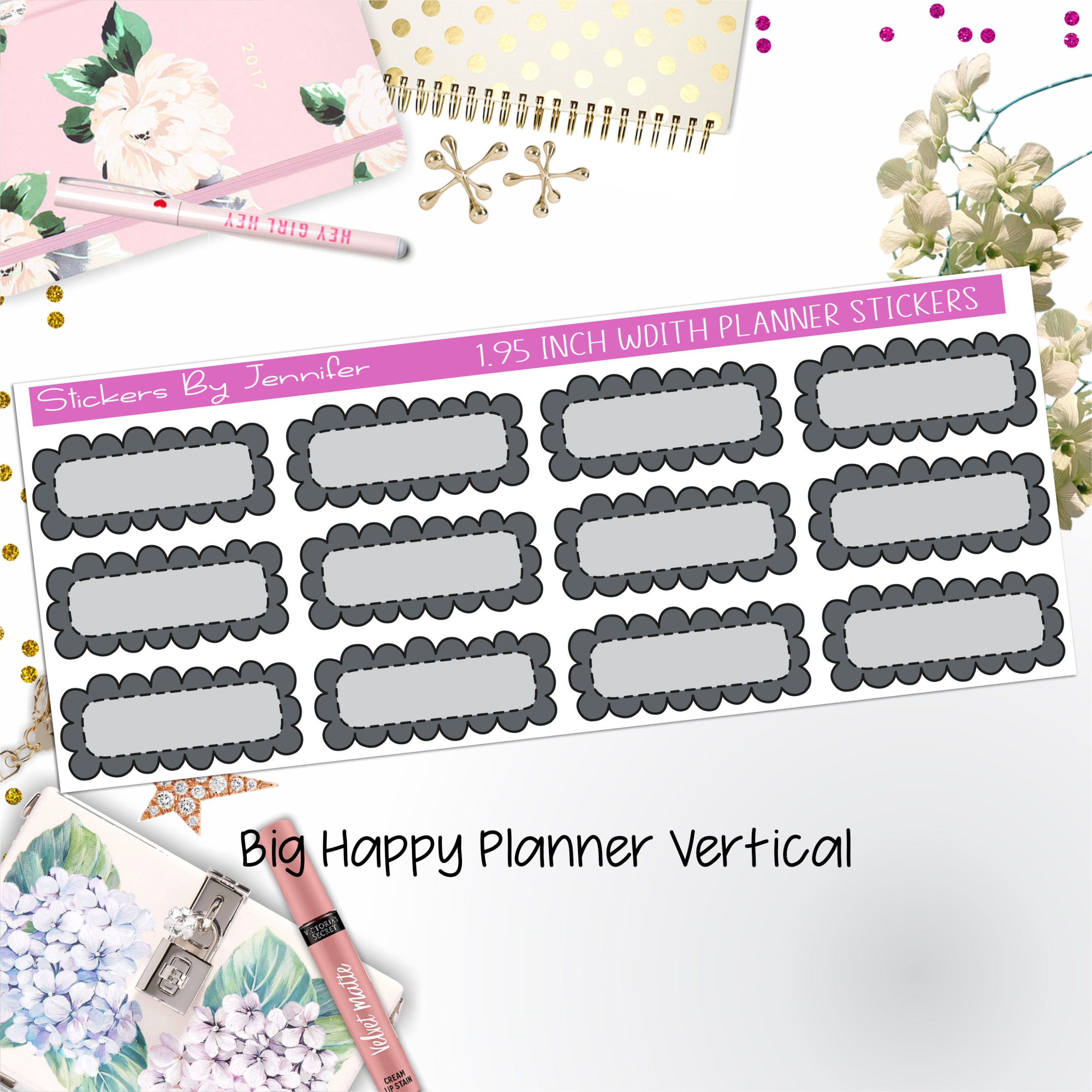 Scallop Labels 1.95 inch Width Quarter Boxes 399 for Big Happy Planner Vertical Planner Stickers