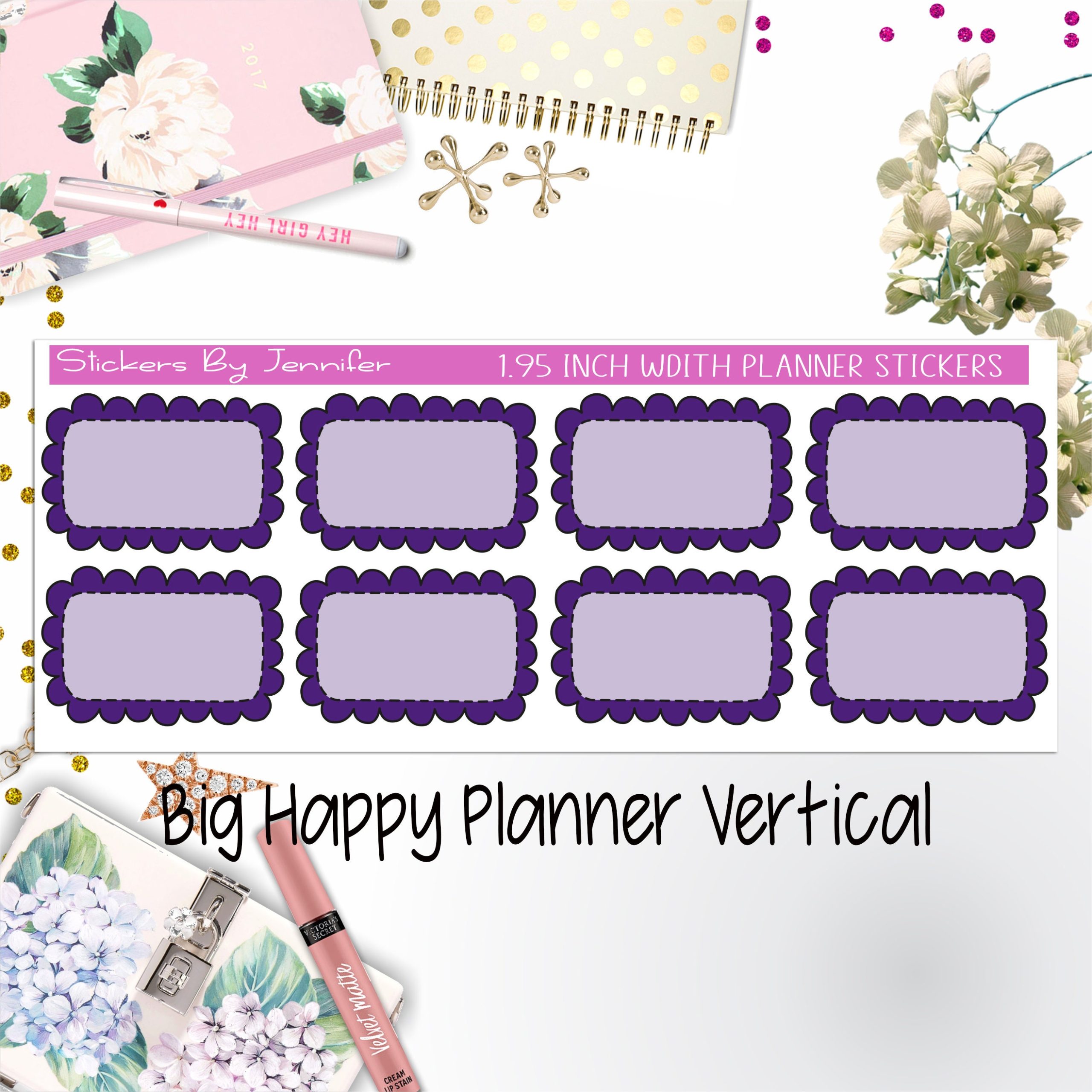 Scalloped Labels 1.95 inch Width Half Boxes 179 for Big Happy Planner Vertical Planner Stickers