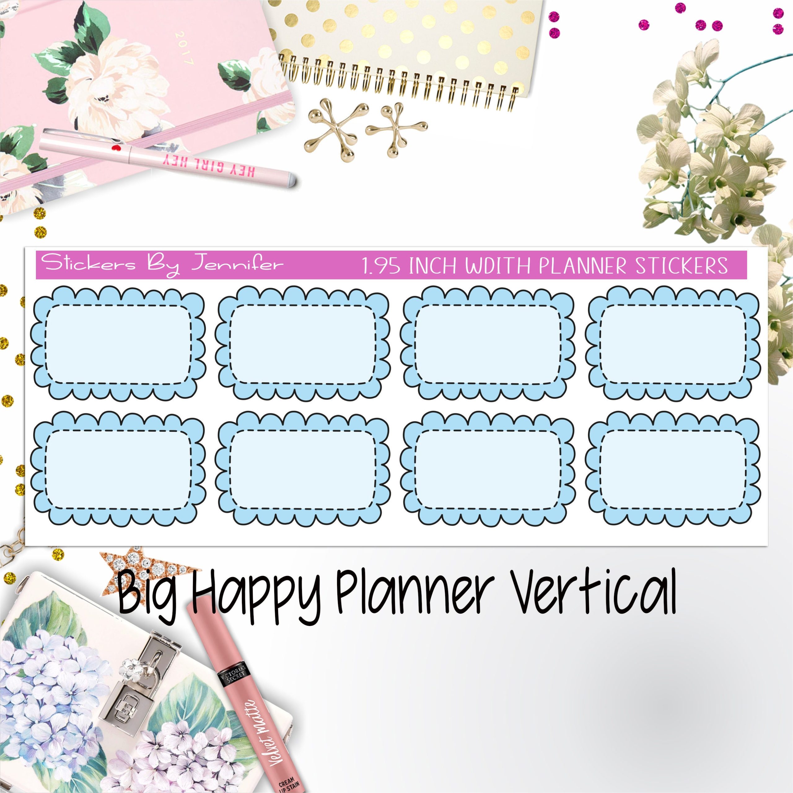 Scalloped Labels 1.95 inch Width Half Boxes 188 for Big Happy Planner Vertical Planner Stickers