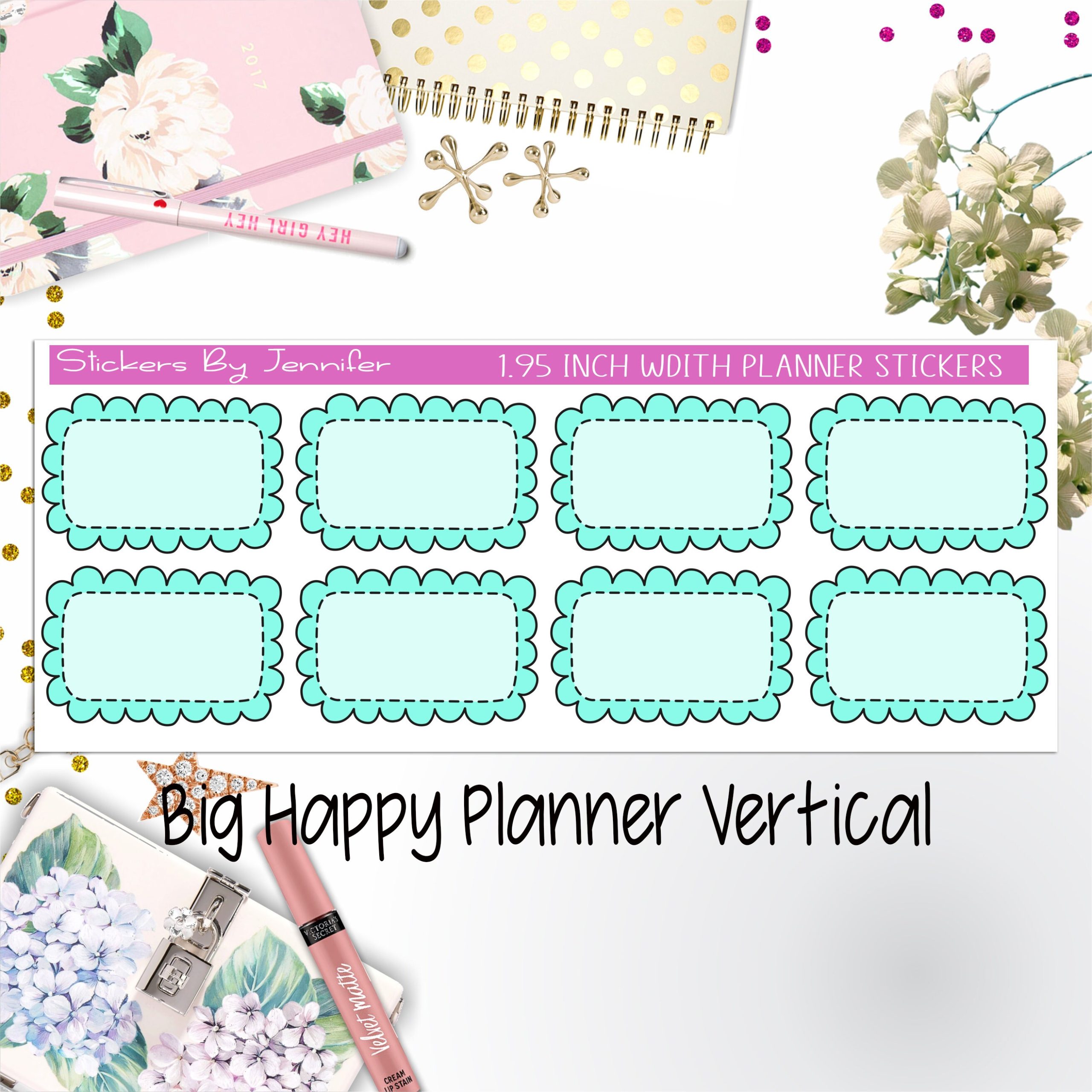 Scalloped Labels 1.95 inch Width Half Boxes 199 for Big Happy Planner Vertical Planner Stickers