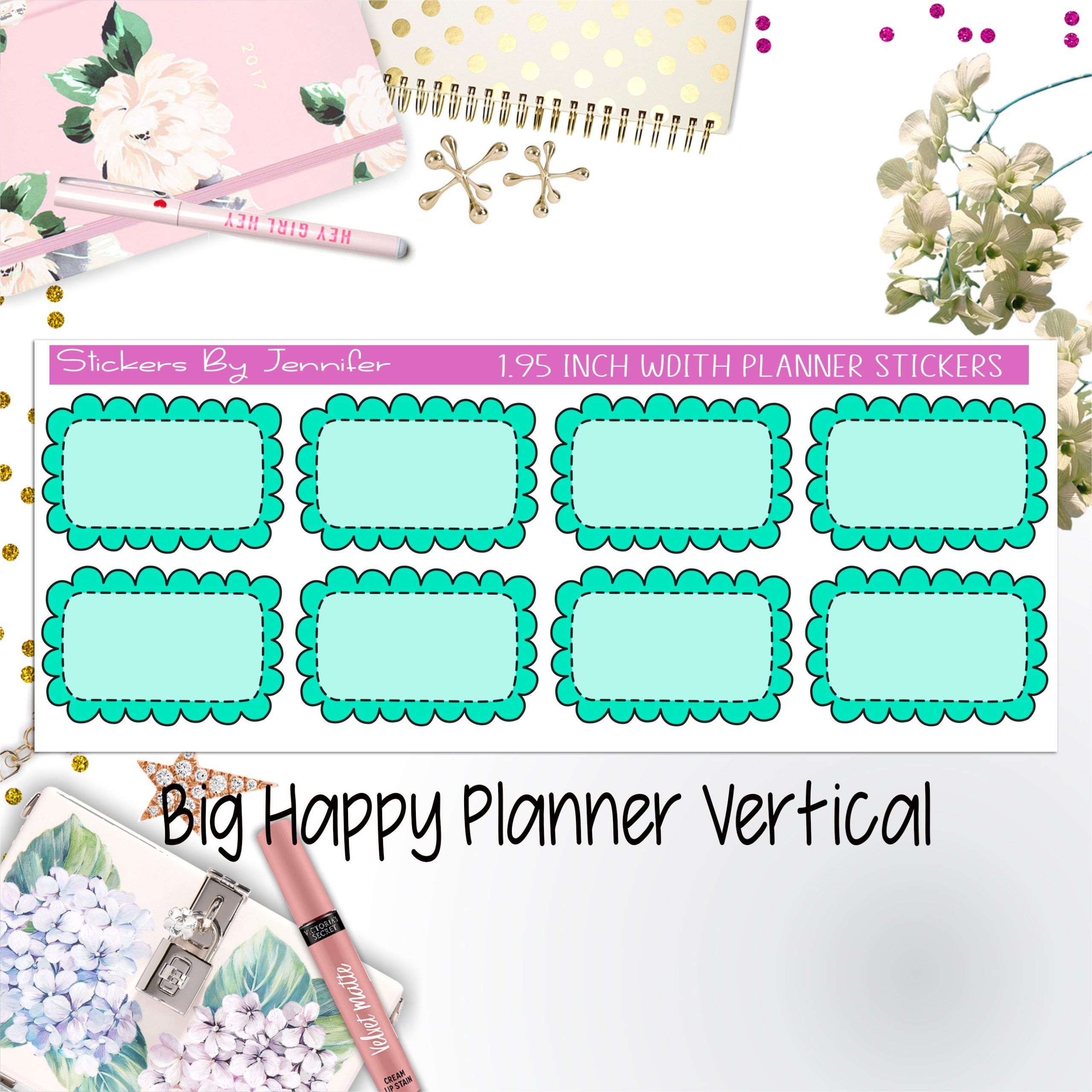 Scalloped Labels 1.95 inch Width Half Boxes 200 for Big Happy Planner Vertical Planner Stickers