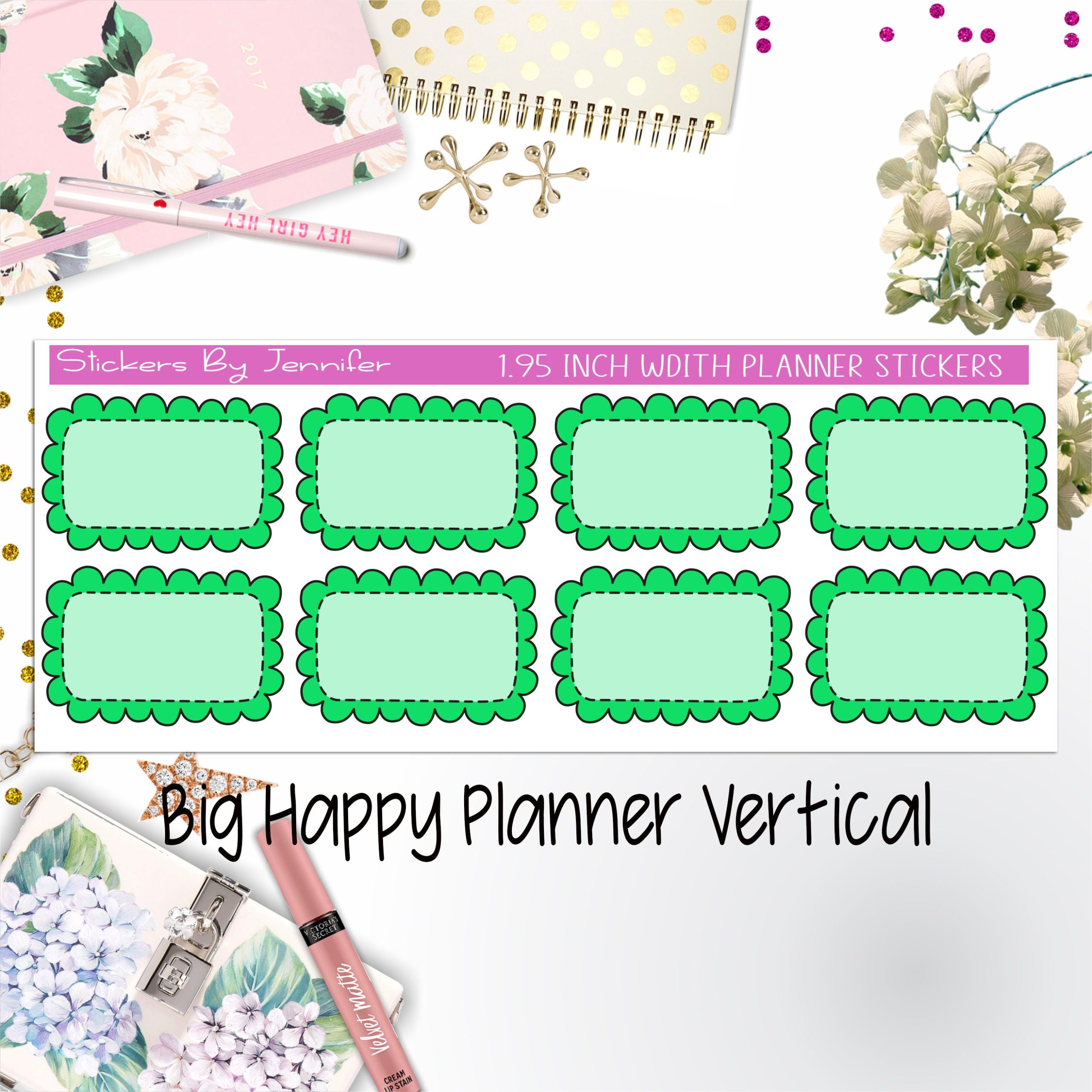 Scalloped Labels 1.95 inch Width Half Boxes 204 for Big Happy Planner Vertical Planner Stickers