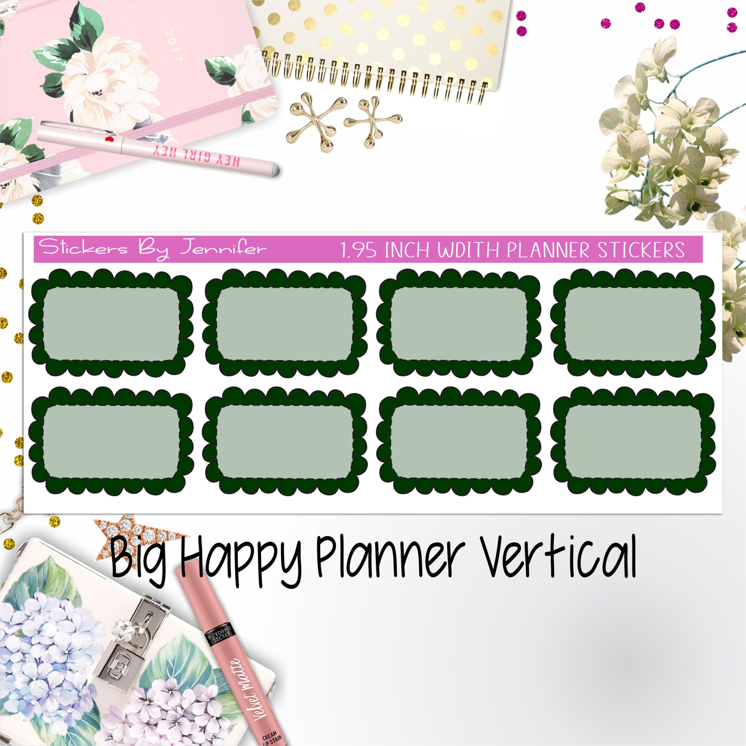 Scalloped Labels 1.95 inch Width Half Boxes 206 for Big Happy Planner Vertical Planner Stickers