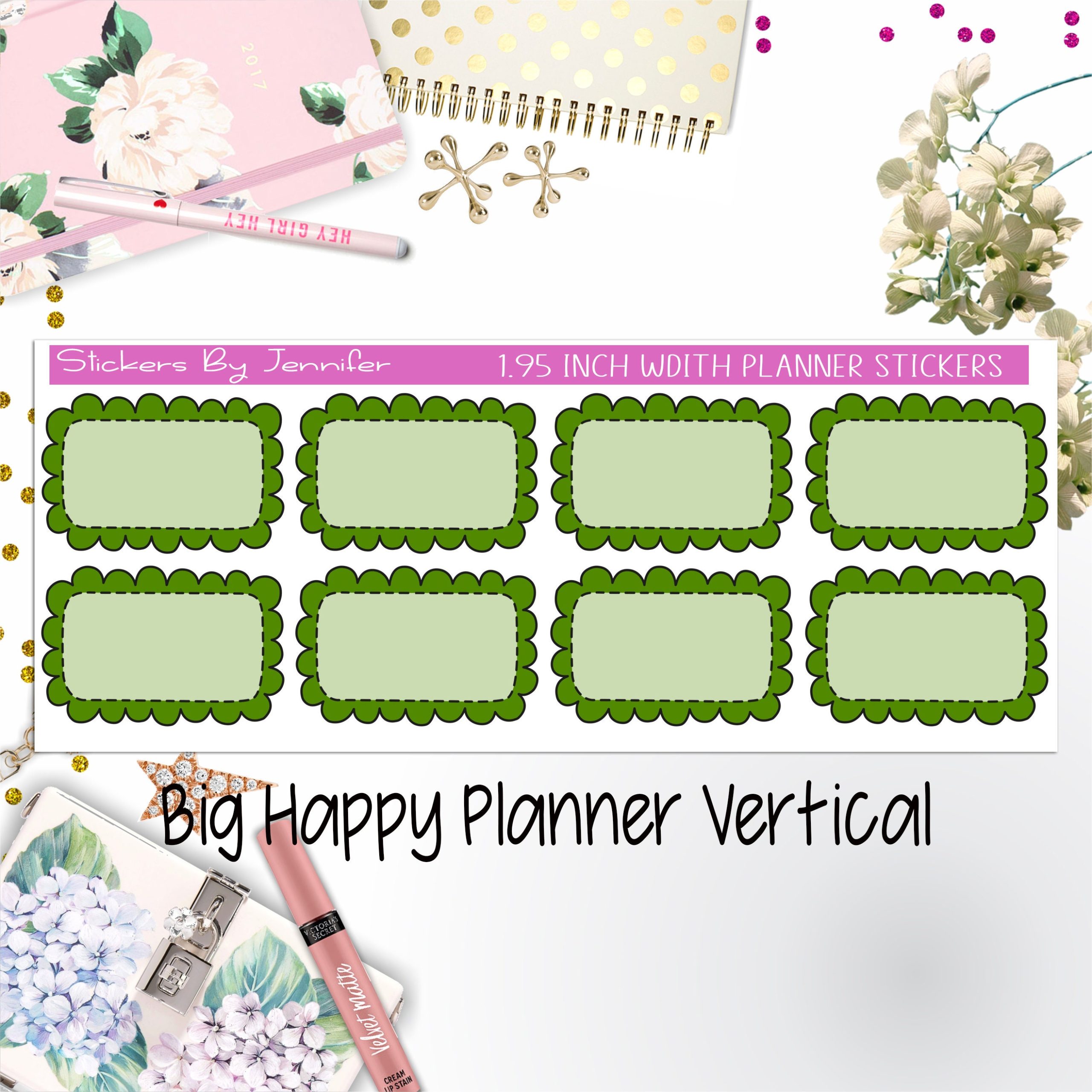Scalloped Labels 1.95 inch Width Half Boxes 208 for Big Happy Planner Vertical Planner Stickers