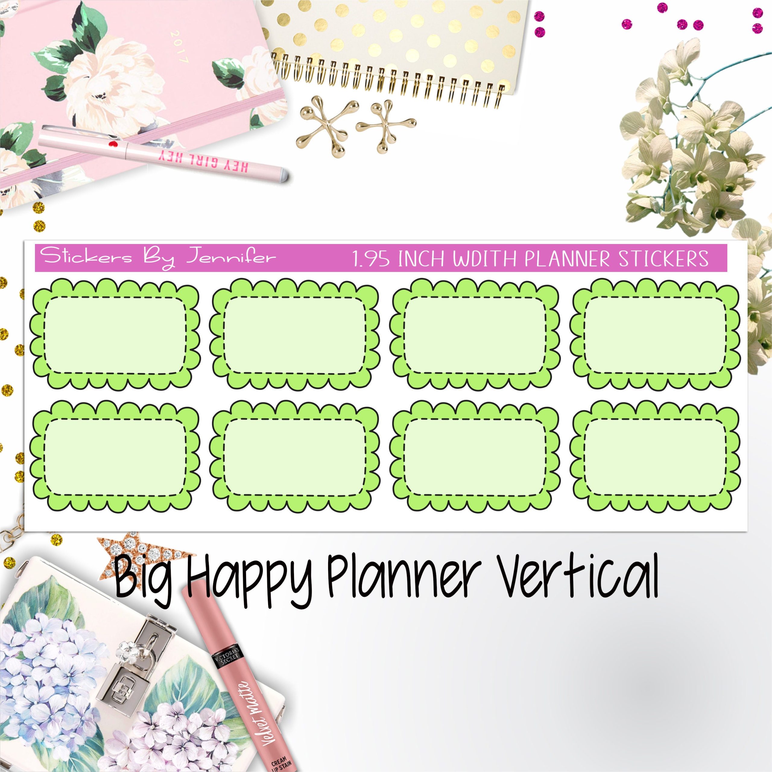 Scalloped Labels 1.95 inch Width Half Boxes 212 for Big Happy Planner Vertical Planner Stickers