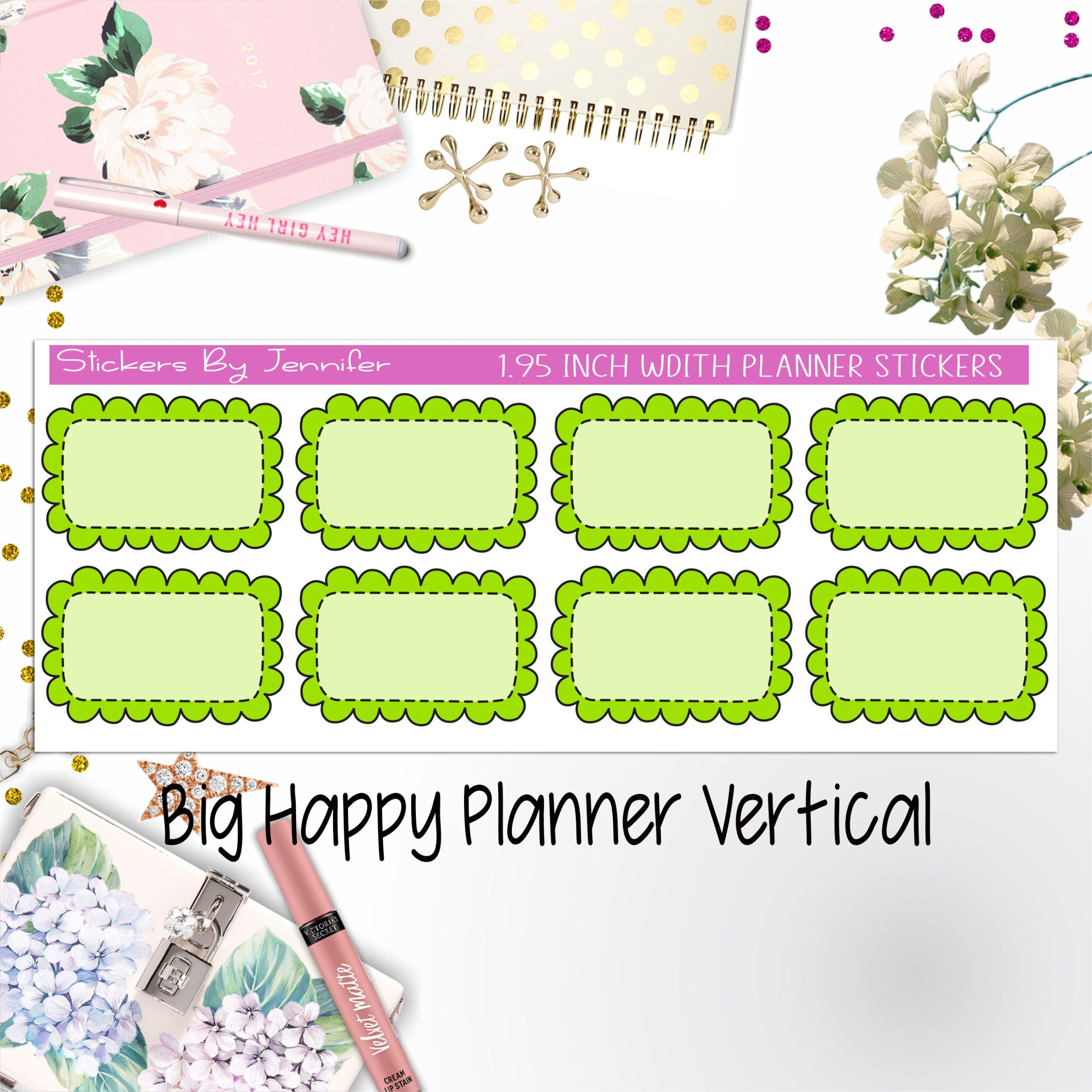 Scalloped Labels 1.95 inch Width Half Boxes 214 for Big Happy Planner Vertical Planner Stickers