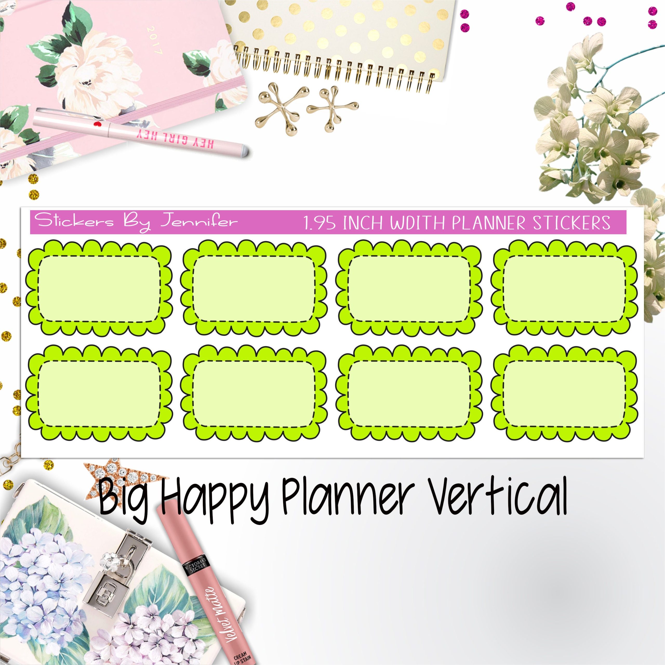Scalloped Labels 1.95 inch Width Half Boxes 215 for Big Happy Planner Vertical Planner Stickers