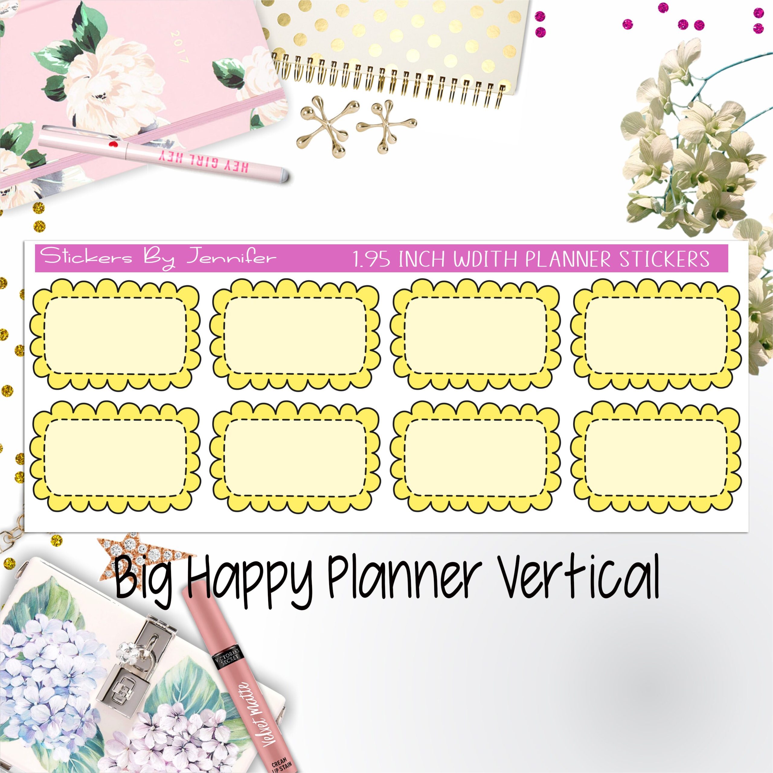 Scalloped Labels 1.95 inch Width Half Boxes 219 for Big Happy Planner Vertical Planner Stickers