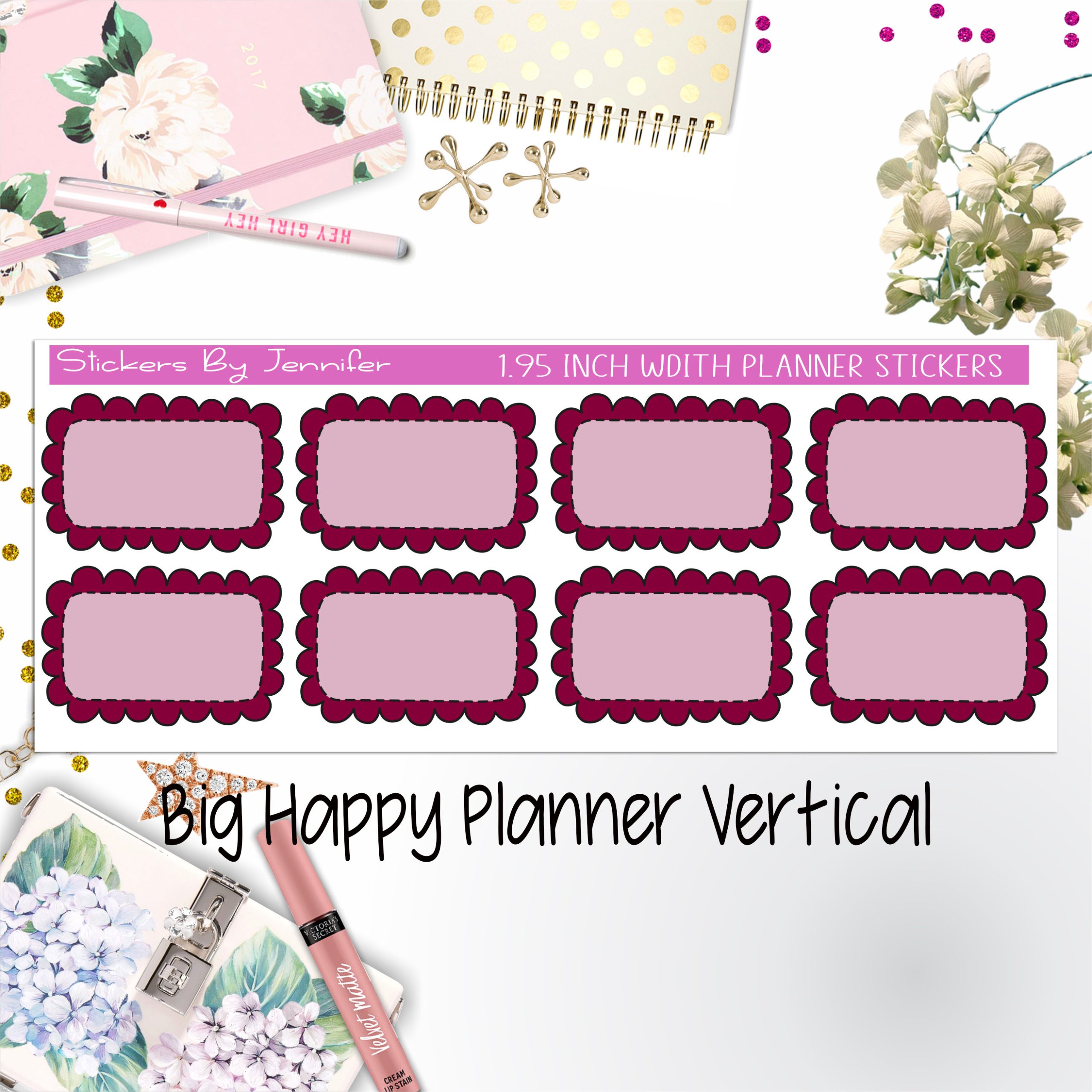 Scalloped Labels 1.95 inch Width Half Boxes 229 for Big Happy Planner Vertical Planner Stickers