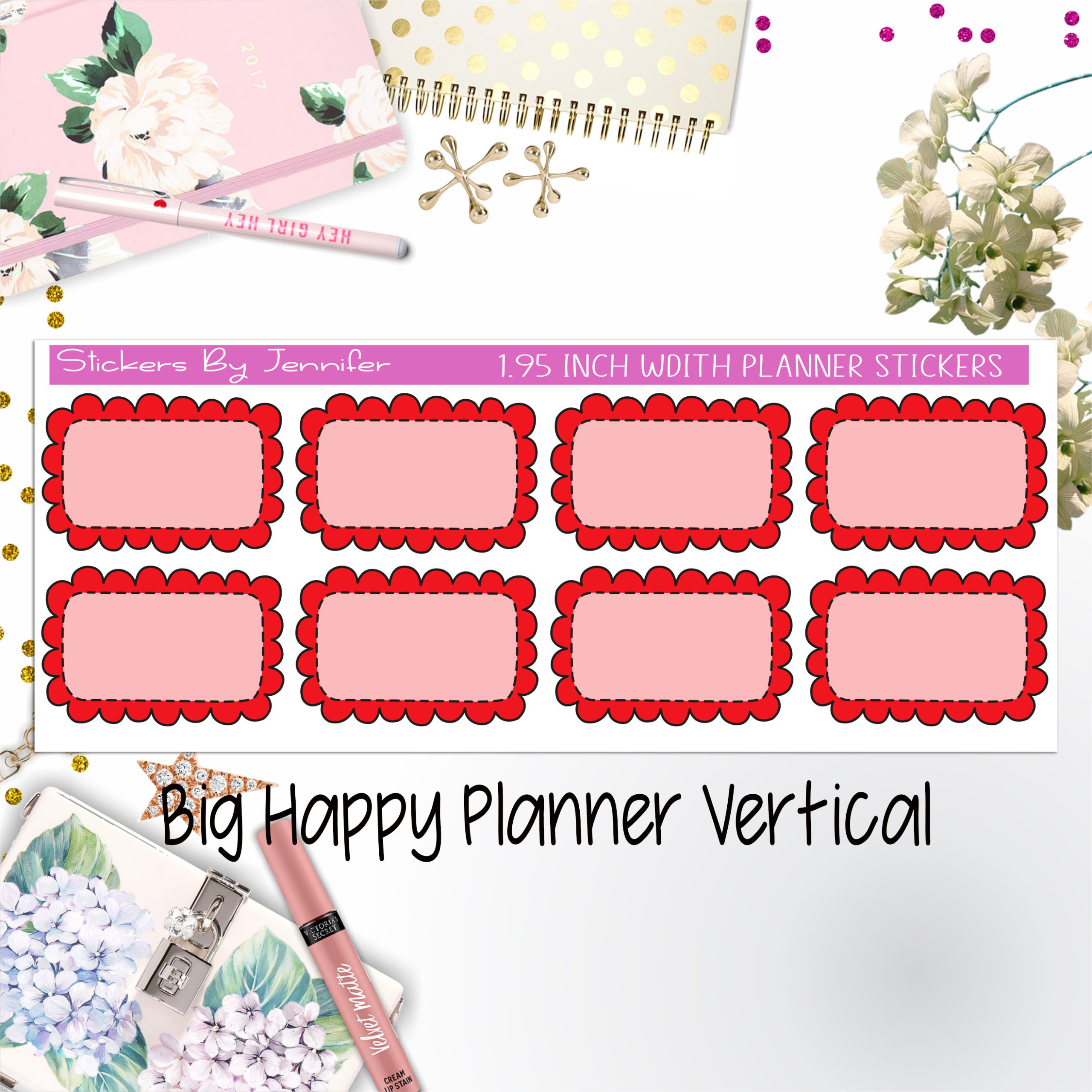 Scalloped Labels 1.95 inch Width Half Boxes 231 for Big Happy Planner Vertical Planner Stickers