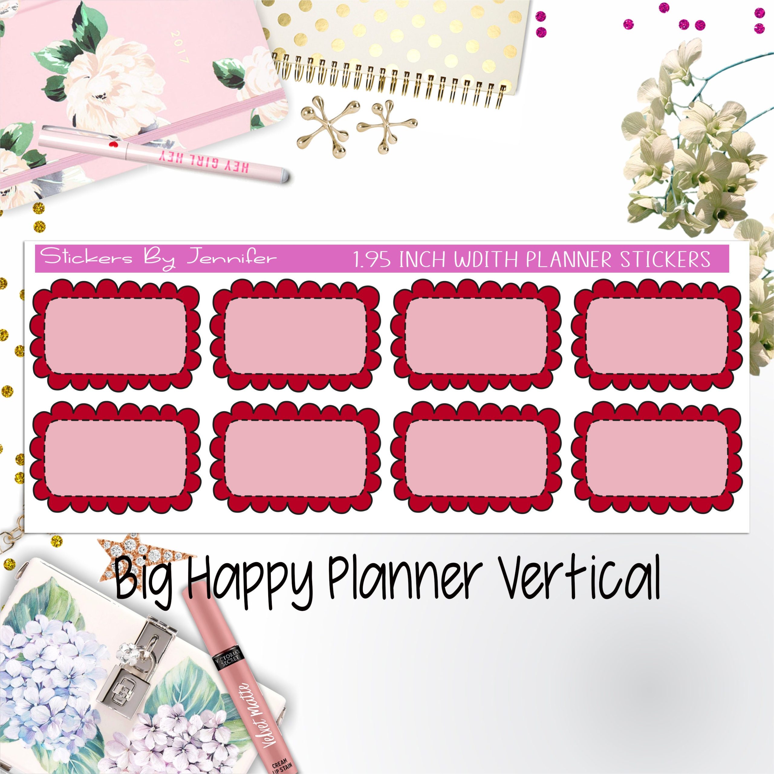 Scalloped Labels 1.95 inch Width Half Boxes 232 for Big Happy Planner Vertical Planner Stickers