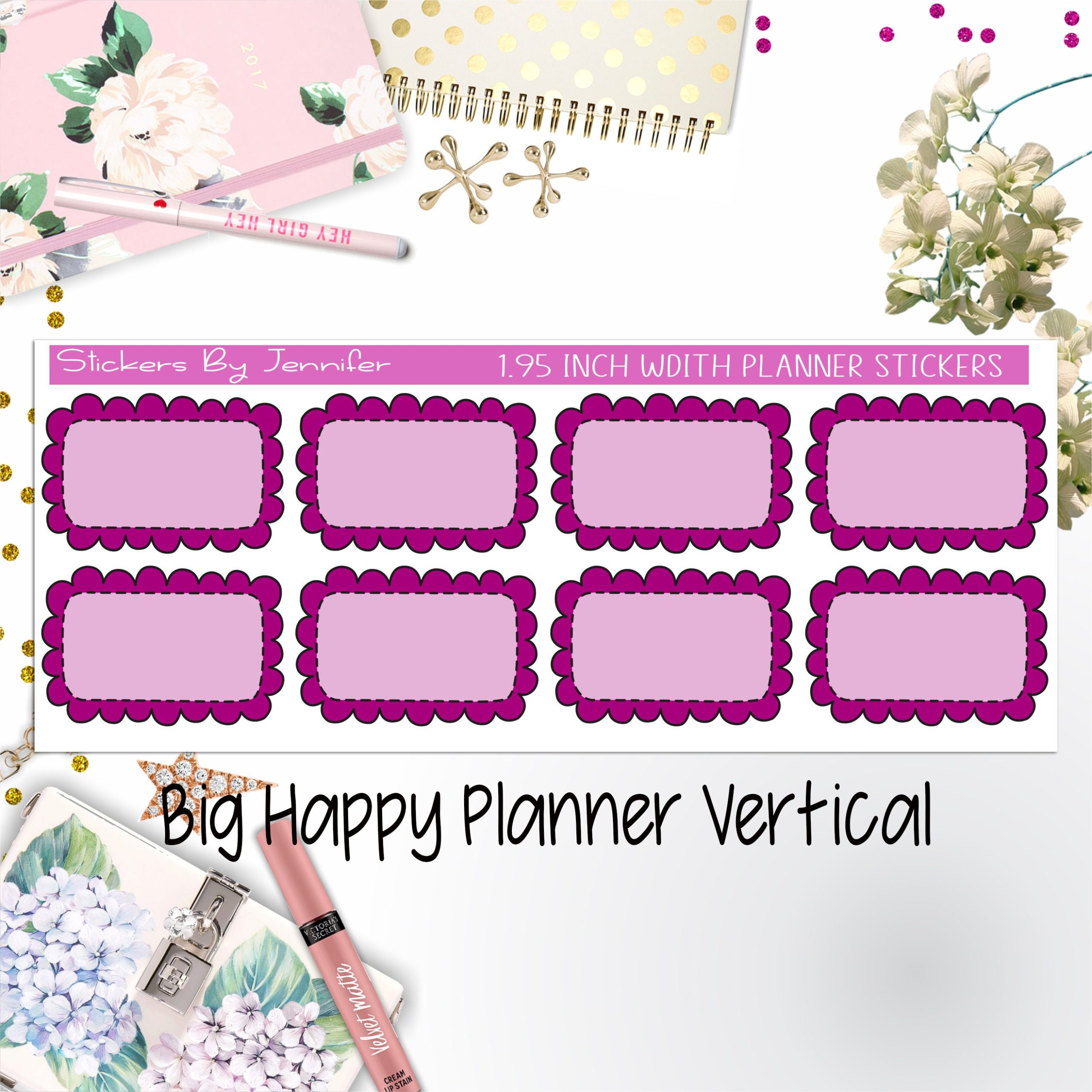 Scalloped Labels 1.95 inch Width Half Boxes 238 for Big Happy Planner Vertical Planner Stickers